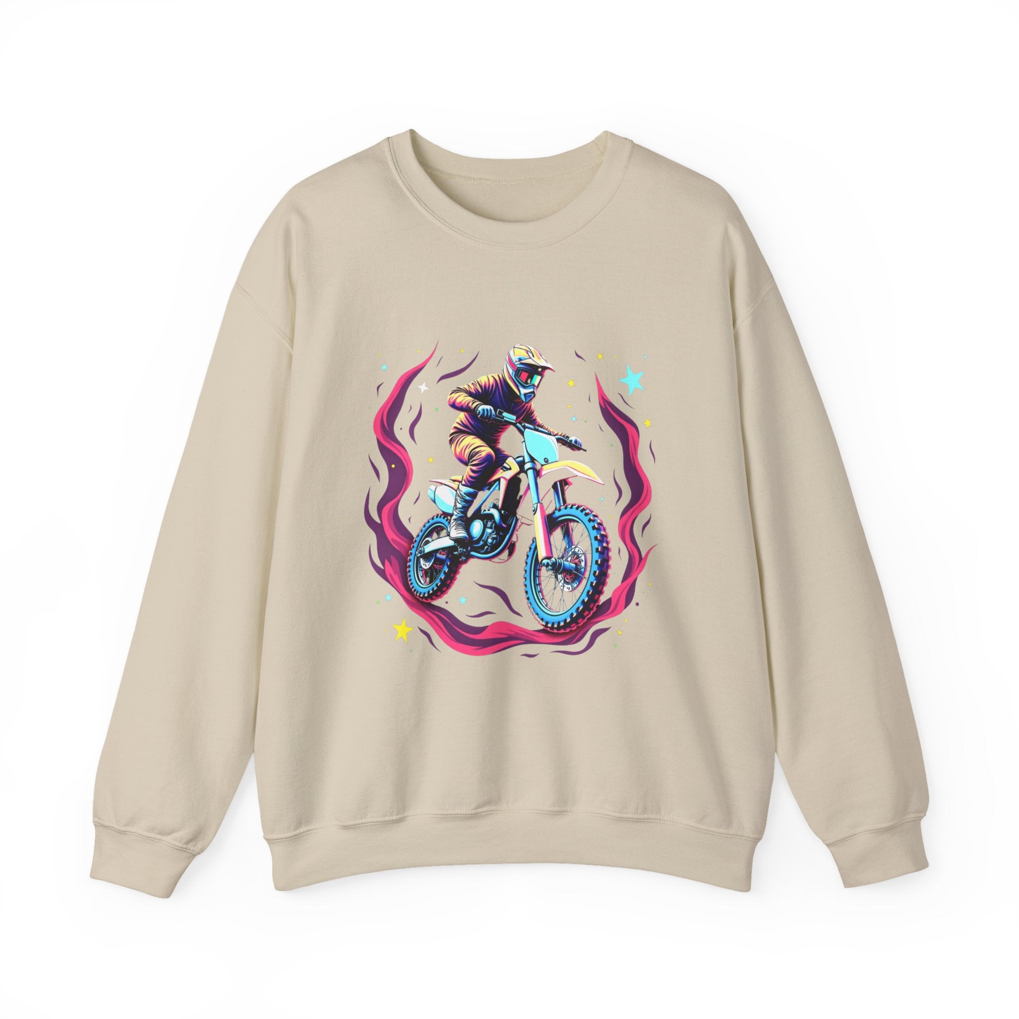 Beige sweatshirt with a graphic of a person on a bike and flames on a white background