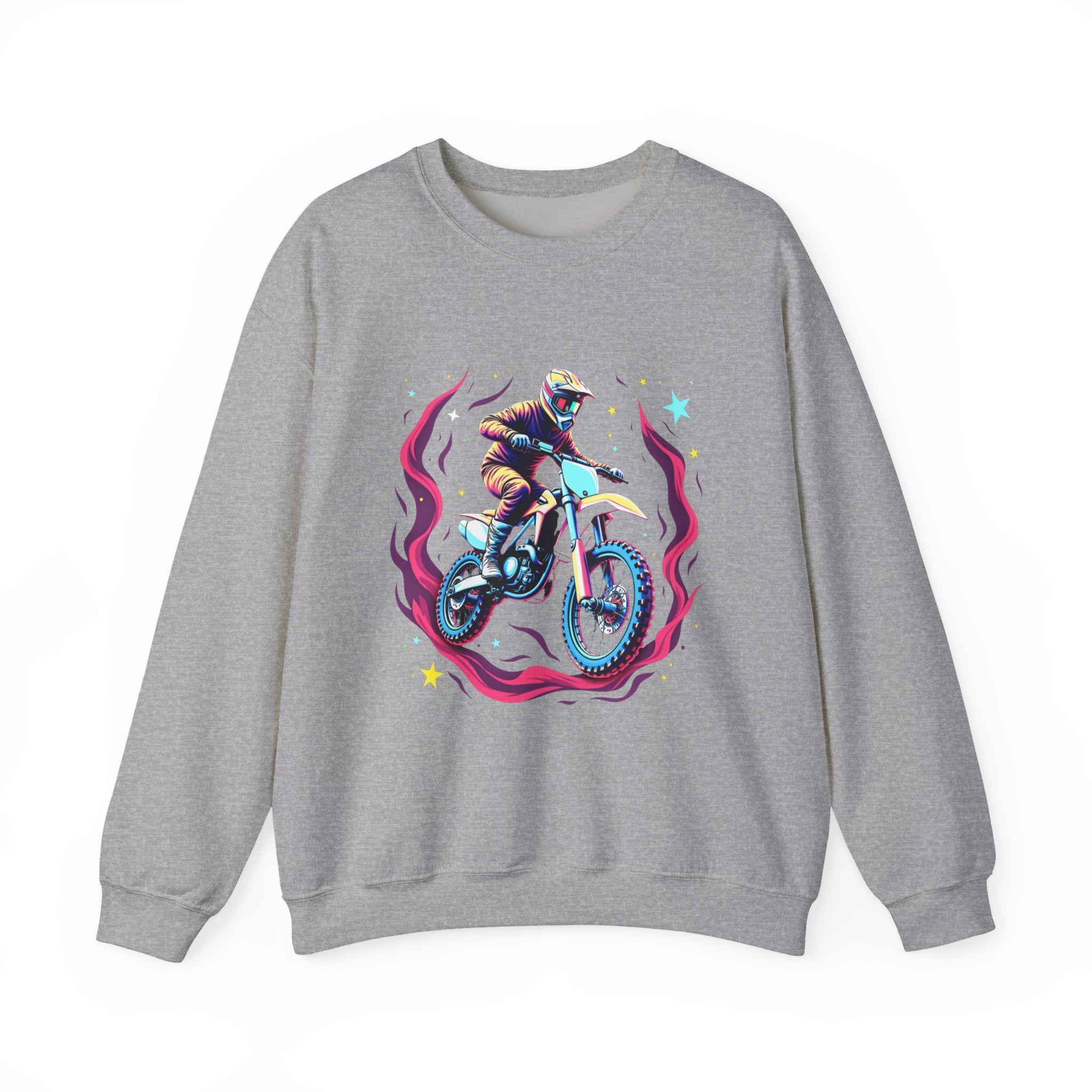 Gray sweatshirt with a graphic of a person on a bike and flames on a white background