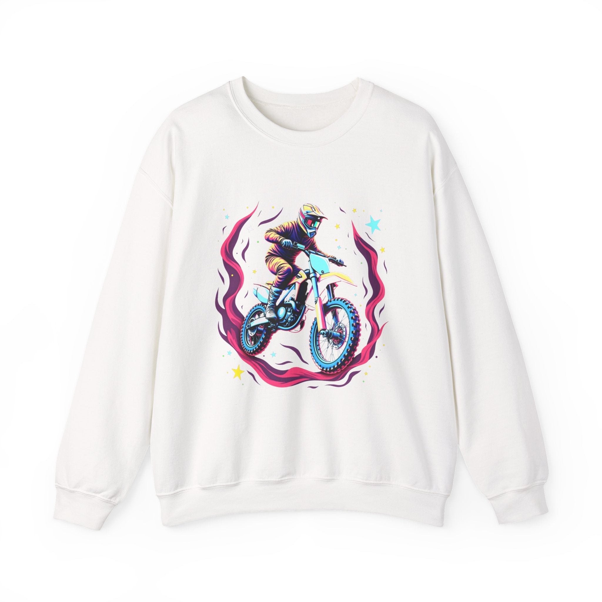 White sweatshirt with a graphic of a person on a bike and flames on a white background