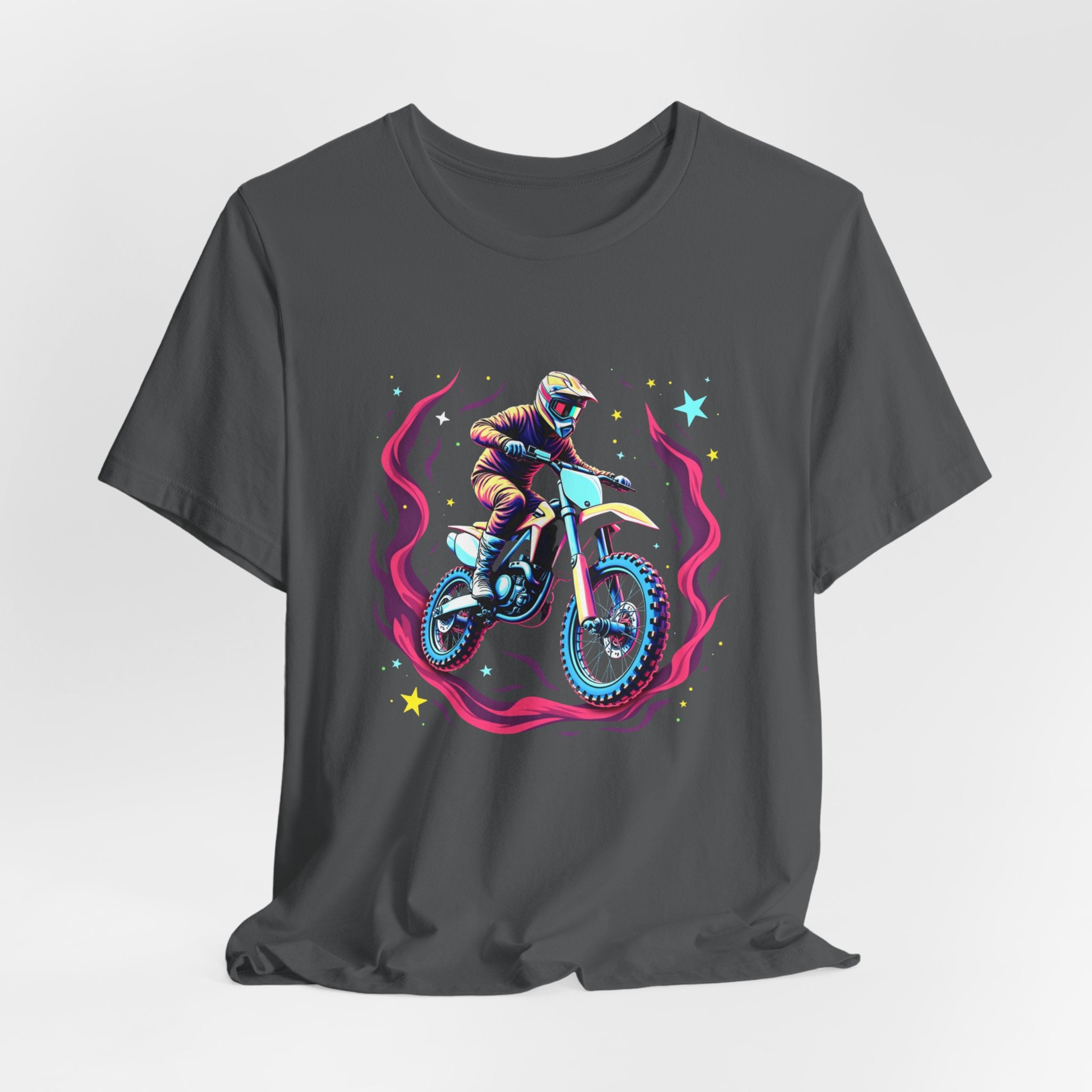 Asphalt ray t-shirt with a graphic of a person on a motorcycle and cosmic flames & stars on a white background