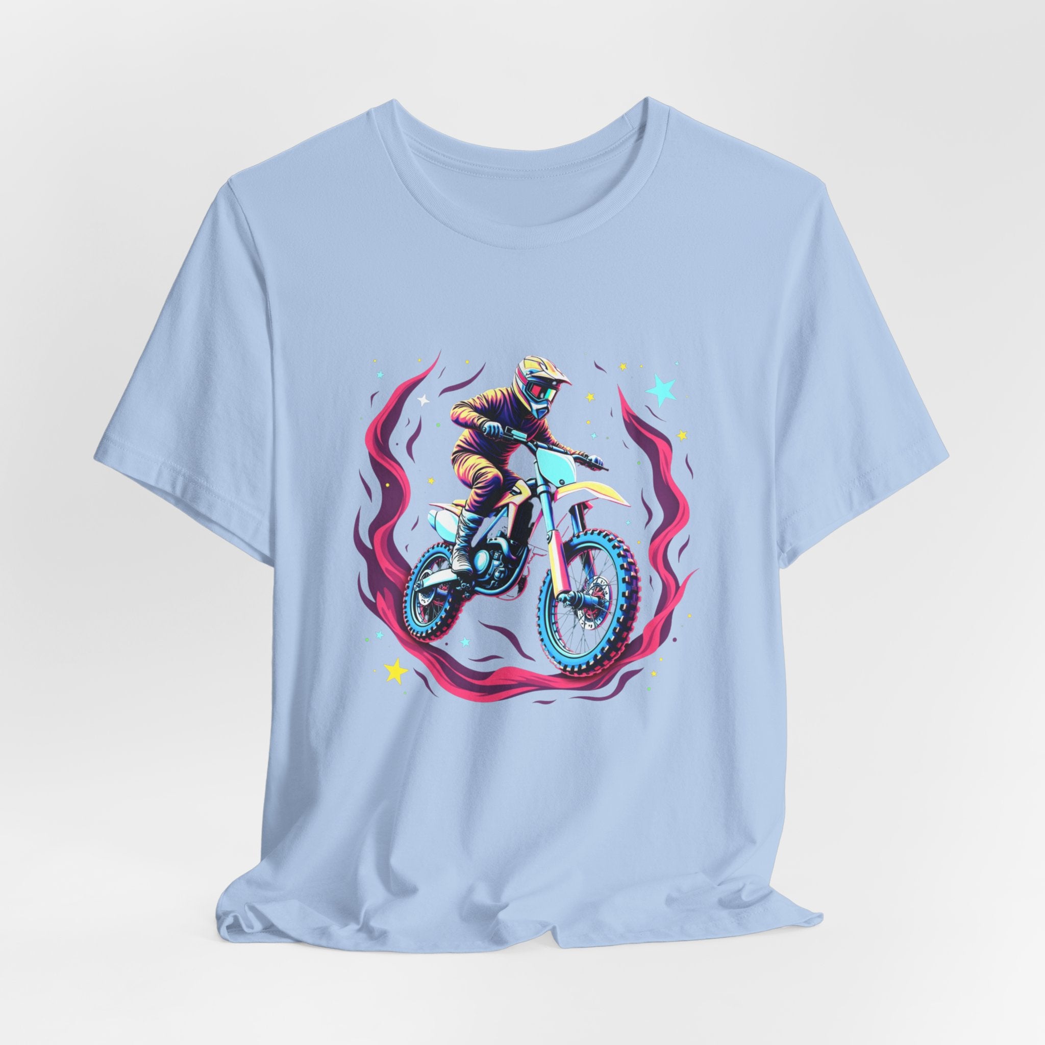 Baby light blue t-shirt with a graphic of a person on a motorcycle and cosmic flames & stars on a white background