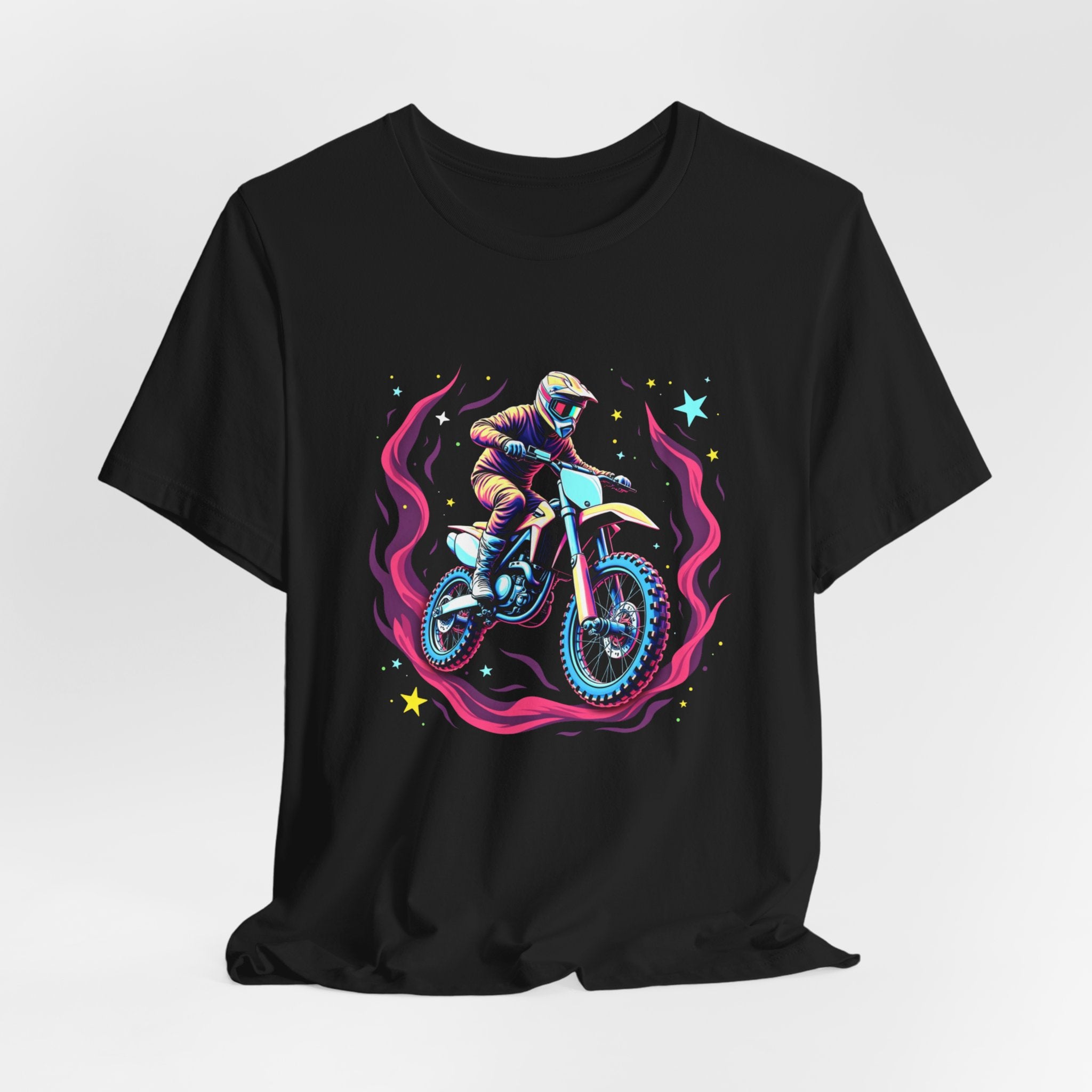 Black t-shirt with a graphic of a person on a motorcycle and cosmic flames & stars on a white background