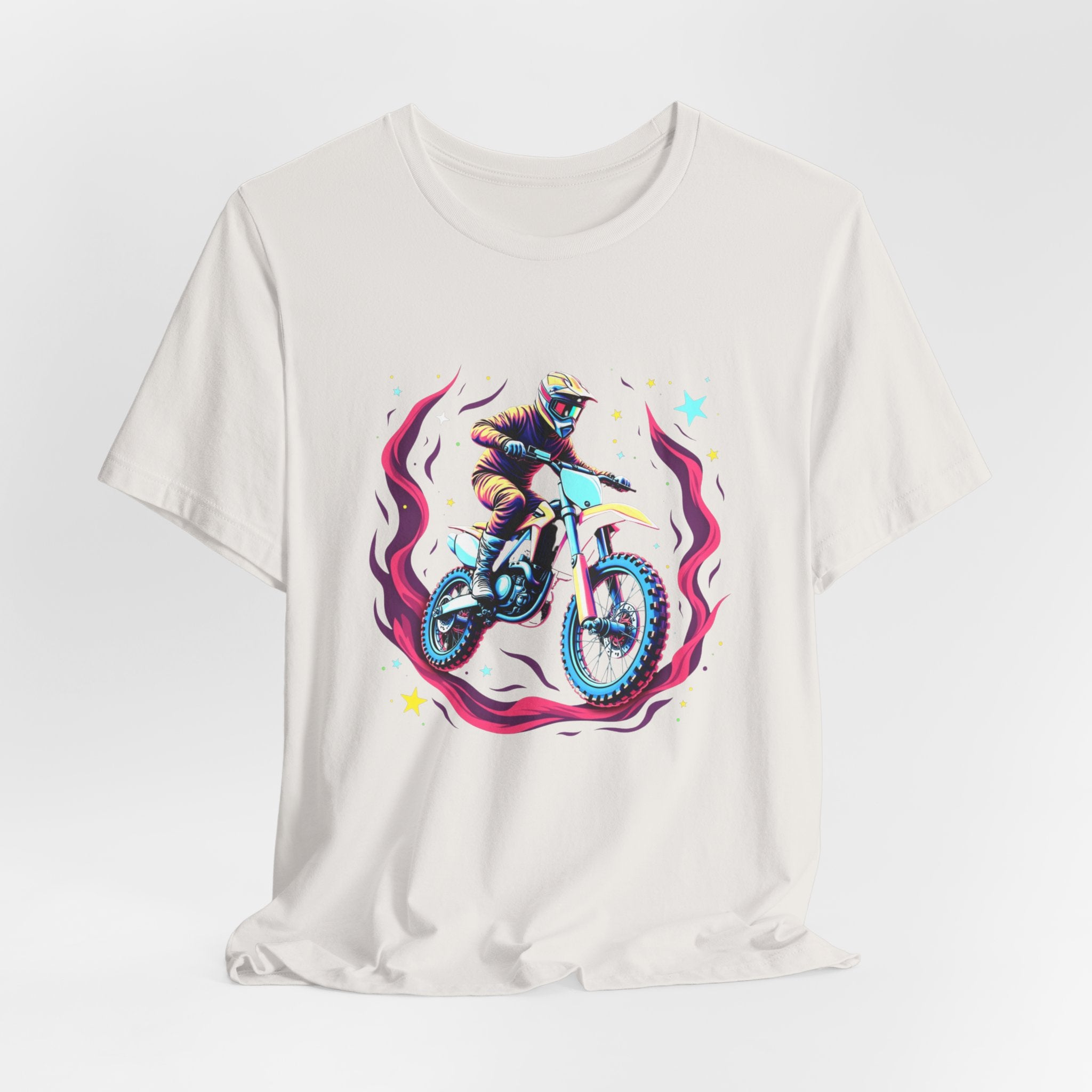 Dirty white t-shirt with a graphic of a person on a motorcycle and cosmic flames & stars on a white background