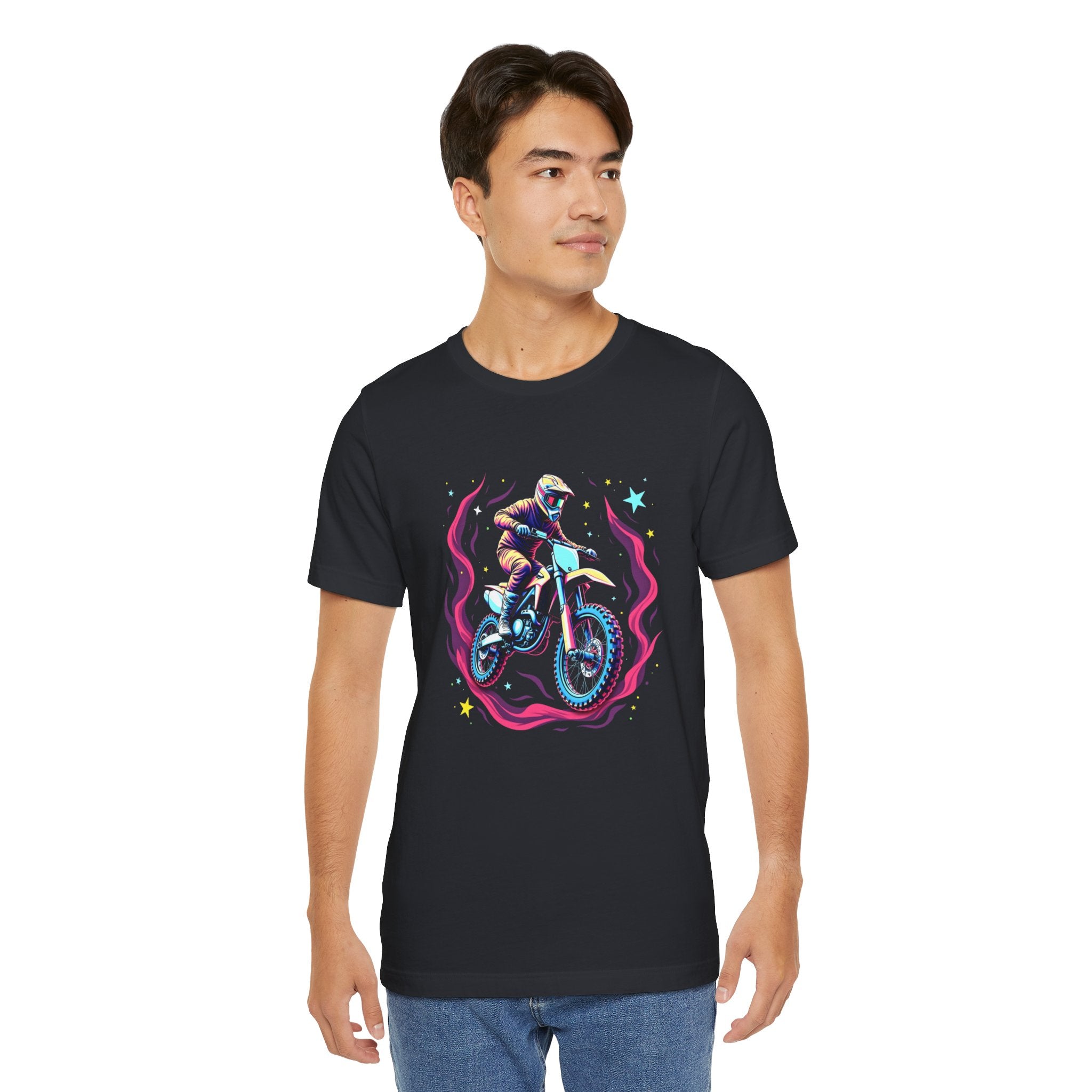 Person wearing a black t-shirt with a colorful graphic design on a white background