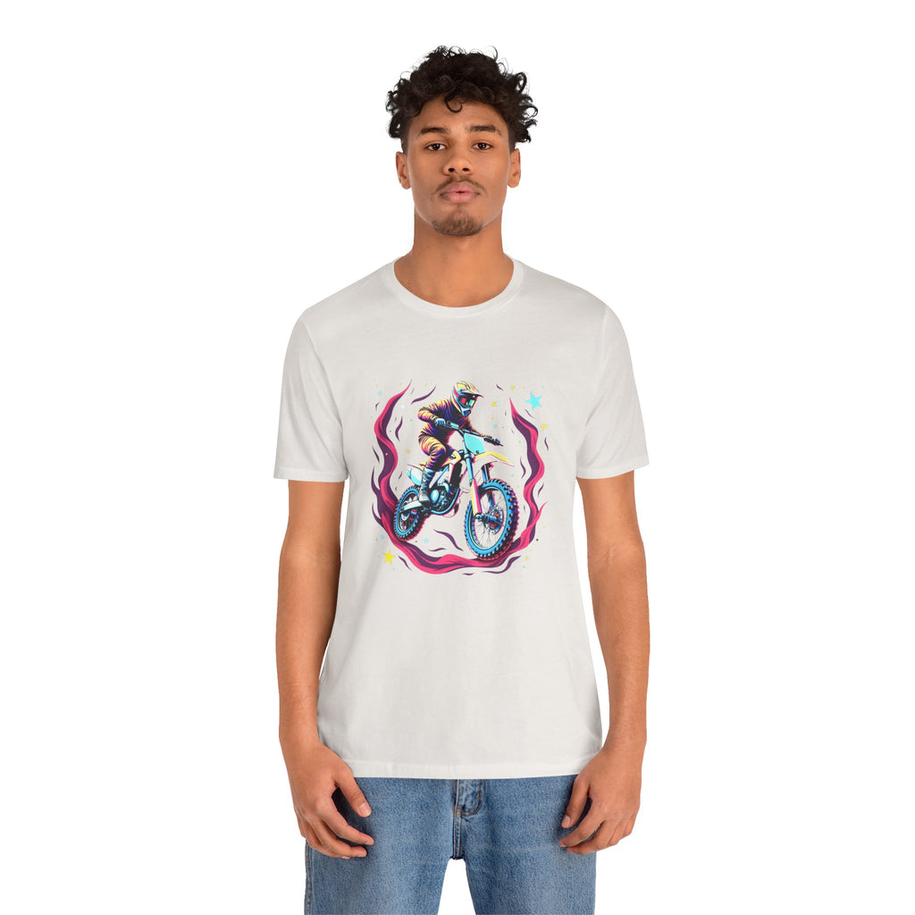 Person wearing a white t-shirt with a graphic design on a white background