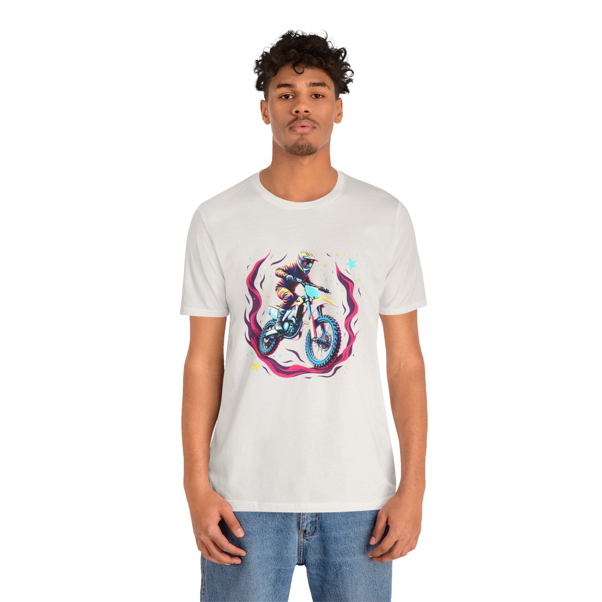 Person wearing a white t-shirt with a graphic design on a white background
