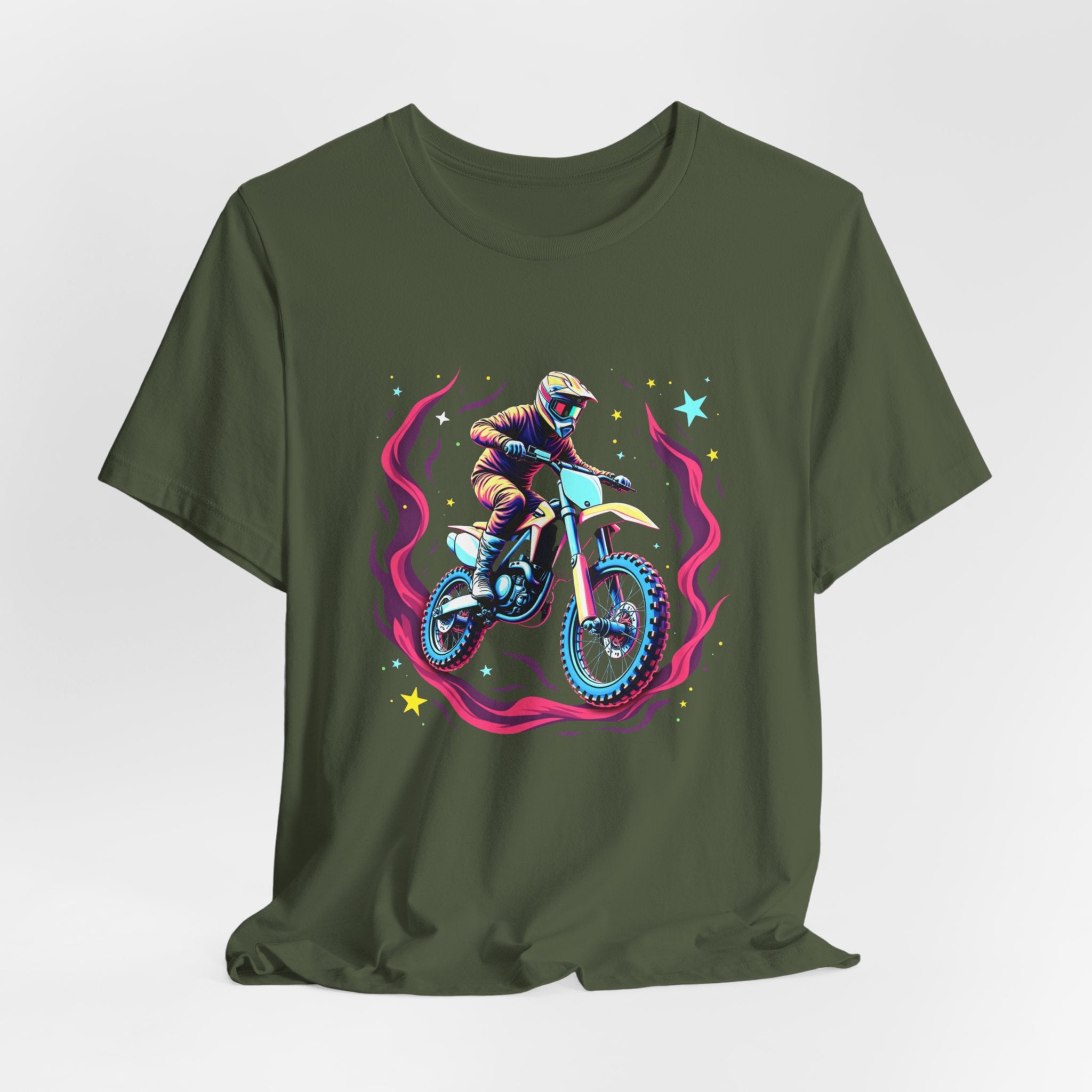 Green t-shirt with a graphic of a person on a motorcycle and cosmic flames & stars on a white background
