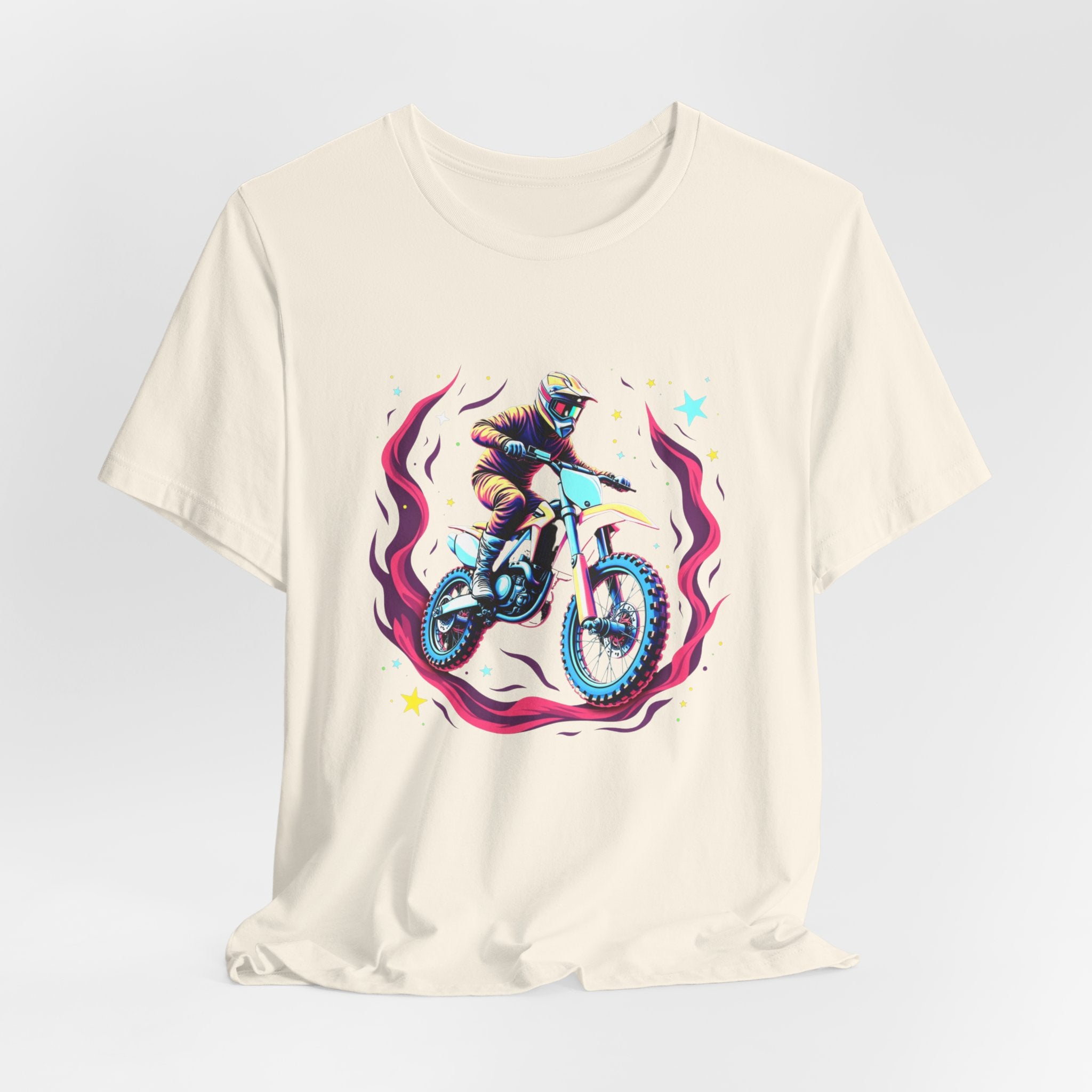 Natural beige t-shirt with a graphic of a person on a motorcycle and cosmic flames & stars on a white background