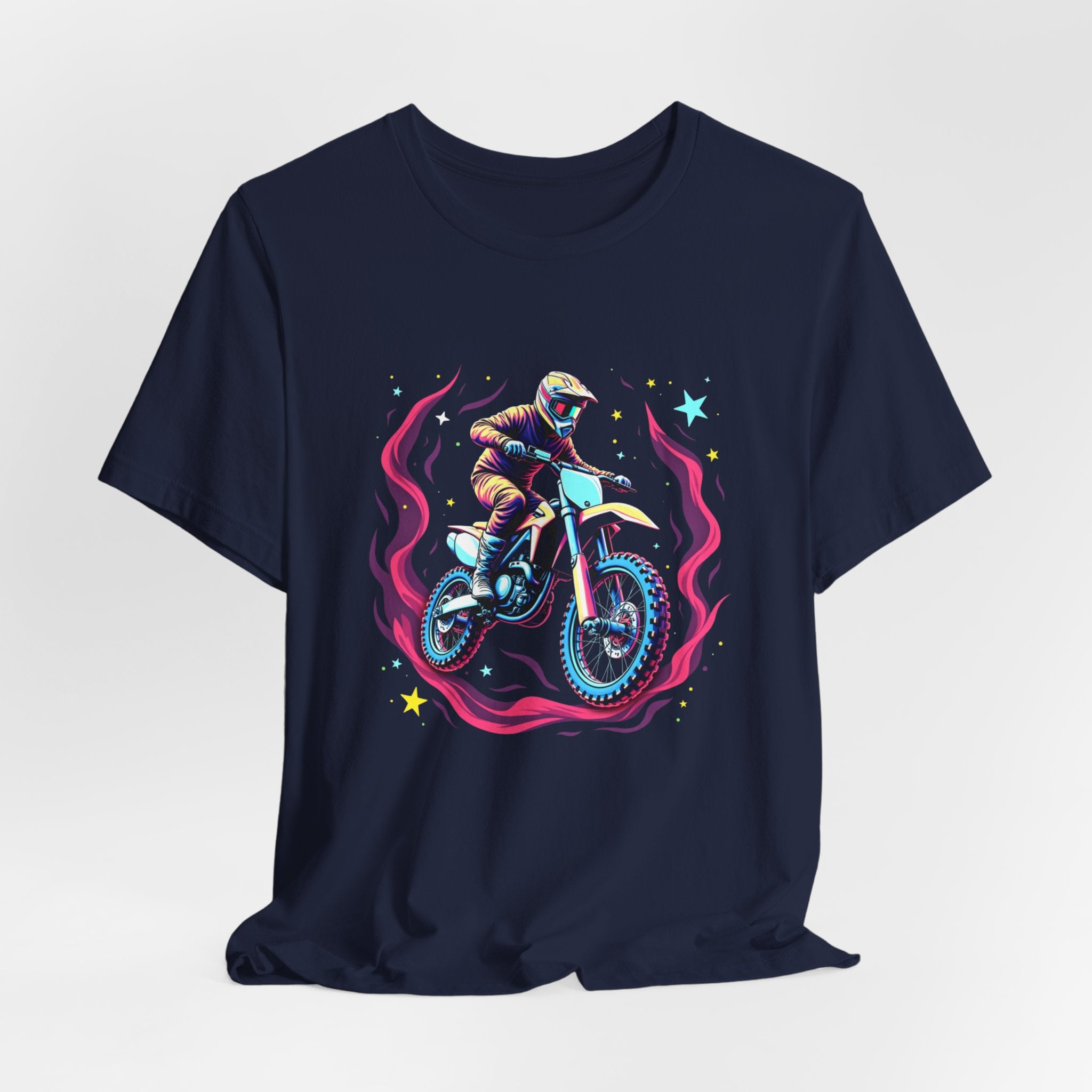 Navy blue t-shirt with a graphic of a person on a motorcycle and cosmic flames & stars on a white background