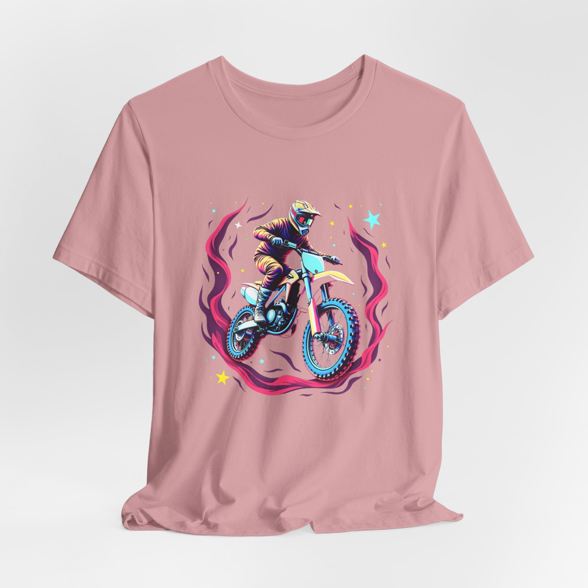Orchid pink t-shirt with a graphic of a person on a motorcycle and cosmic flames & stars on a white background