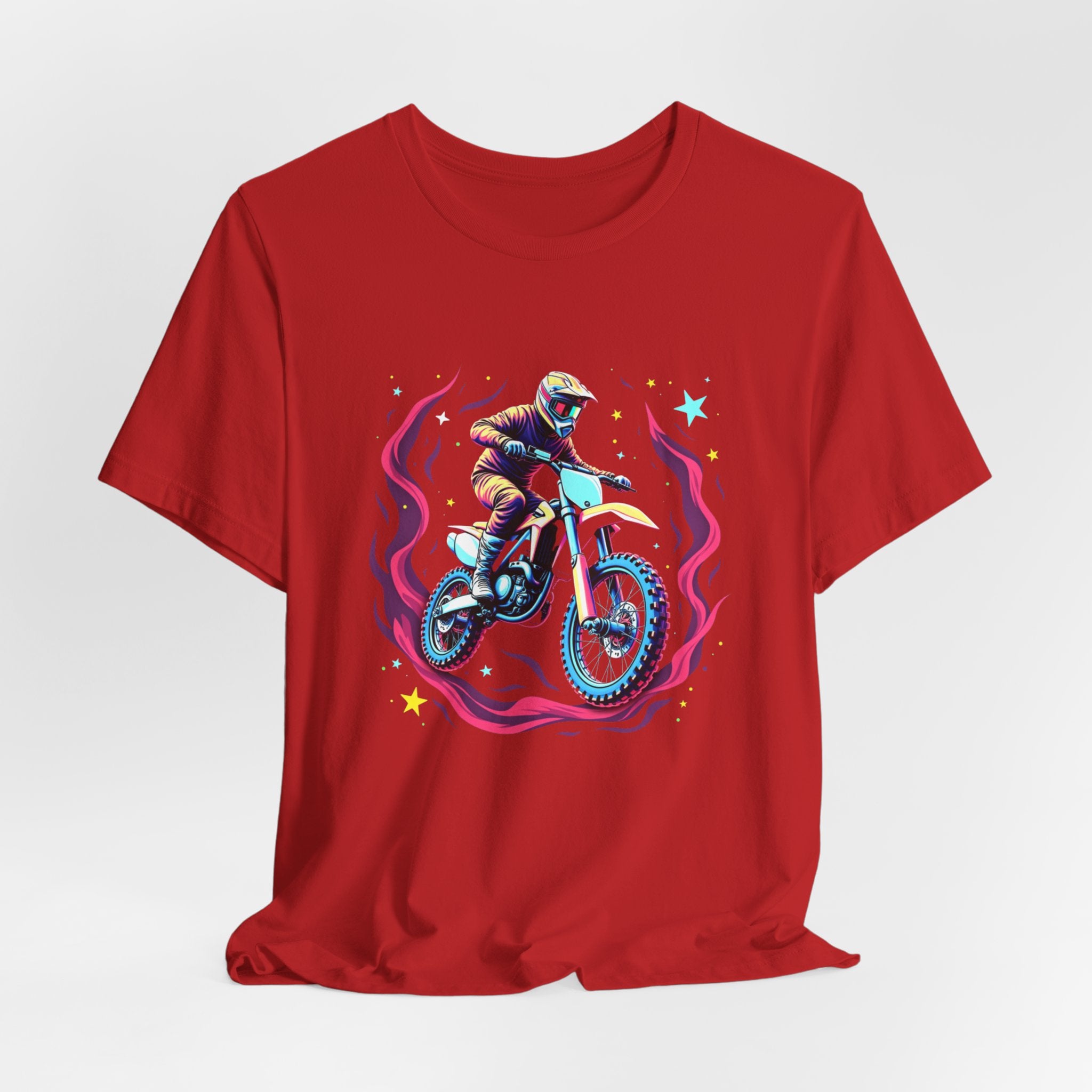 Red t-shirt with a graphic of a person on a motorcycle and cosmic flames & stars on a white background