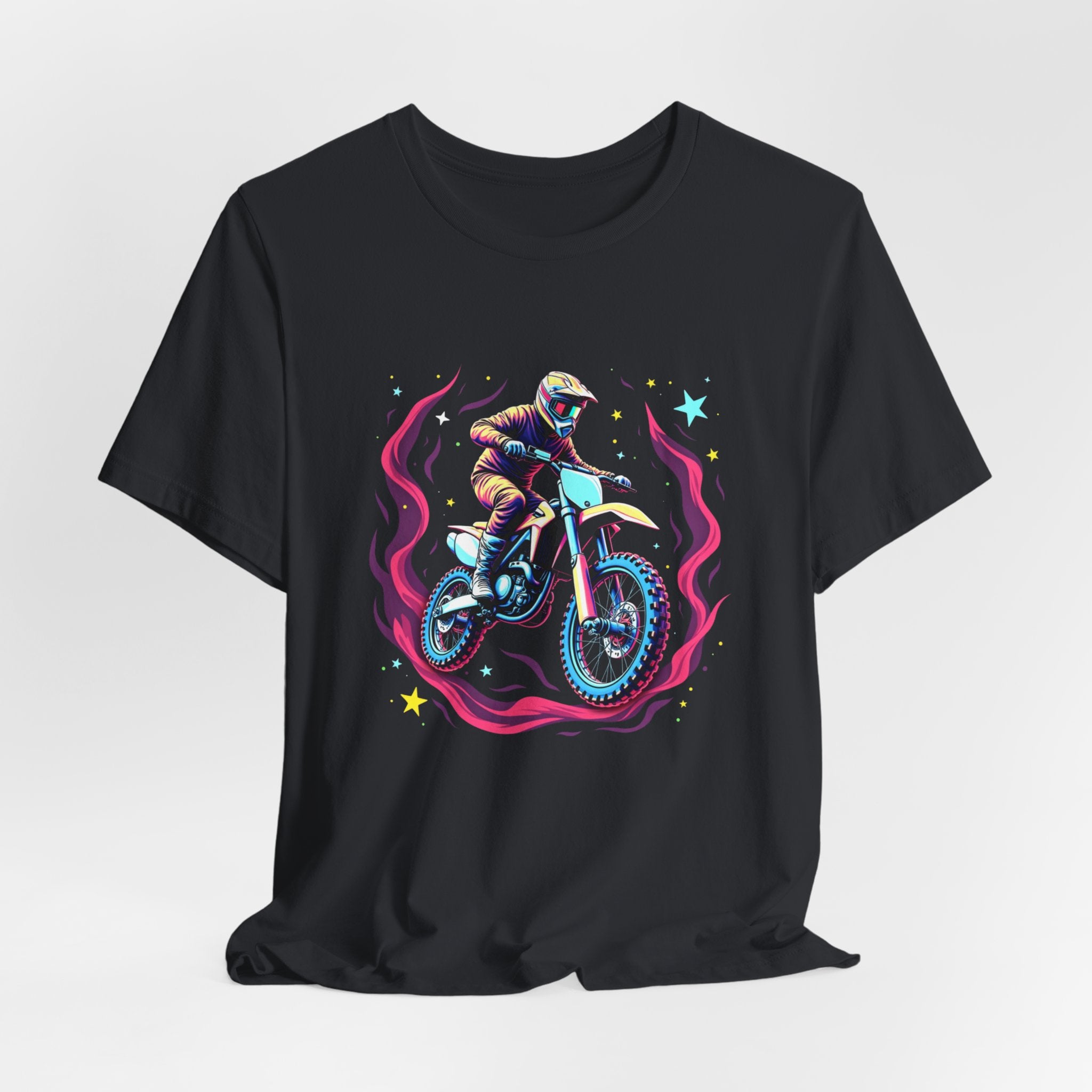 Vintage black t-shirt with a graphic of a person on a motorcycle and cosmic flames & stars on a white background
