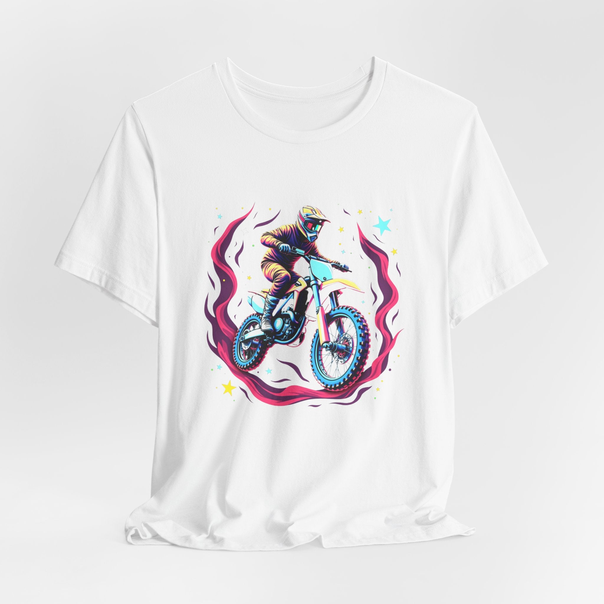 White t-shirt with a graphic of a person on a motorcycle and cosmic flames & stars on a white background