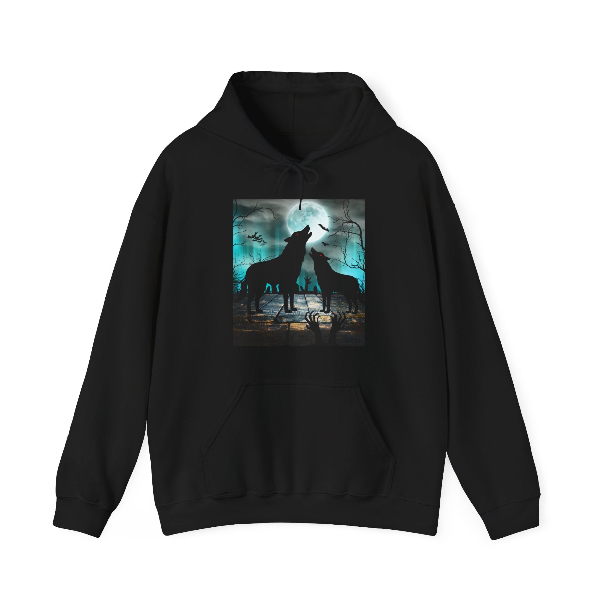 Black hoodie with a graphic of two wolves howling at the moon on a white background