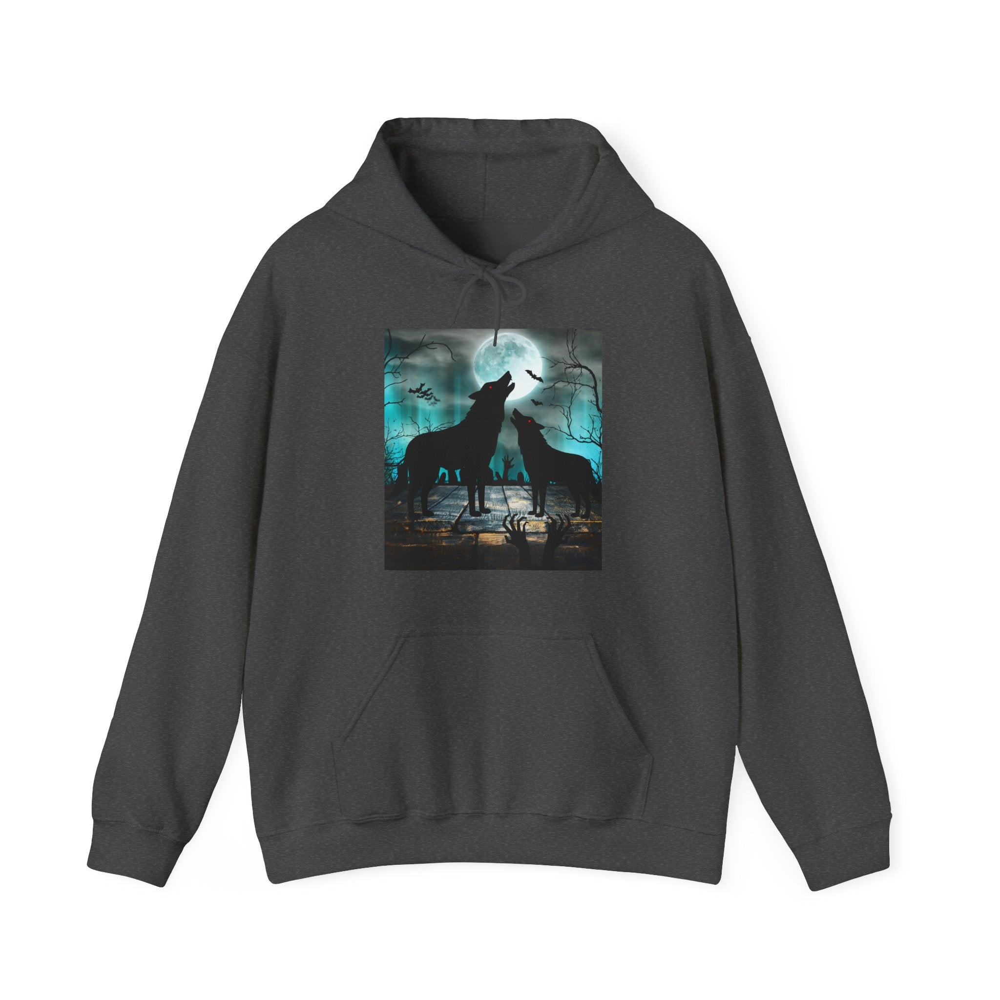 Dark gray hoodie with a graphic of two wolves howling on a white background