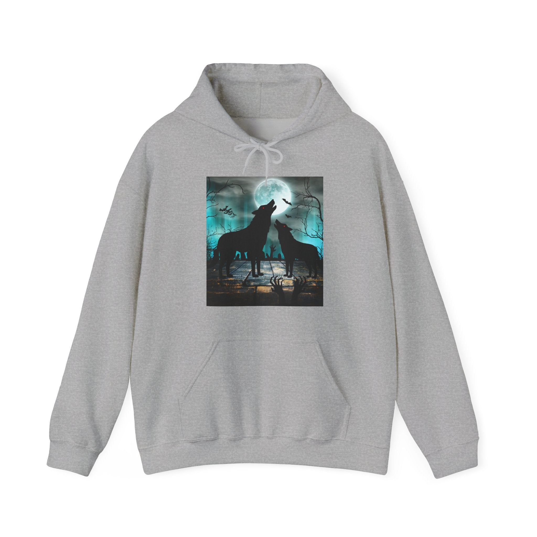 Gray hoodie with a graphic of two wolves howling at the moon on a white background