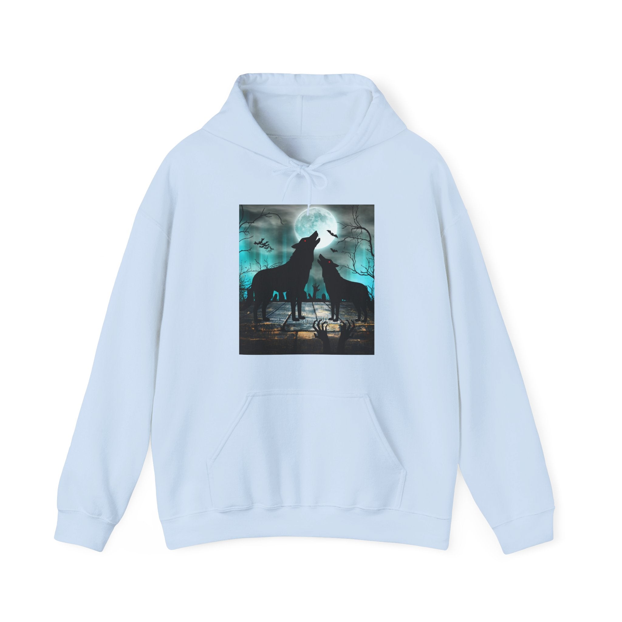Light blue hoodie with a graphic of two wolves howling at the moon on a white background