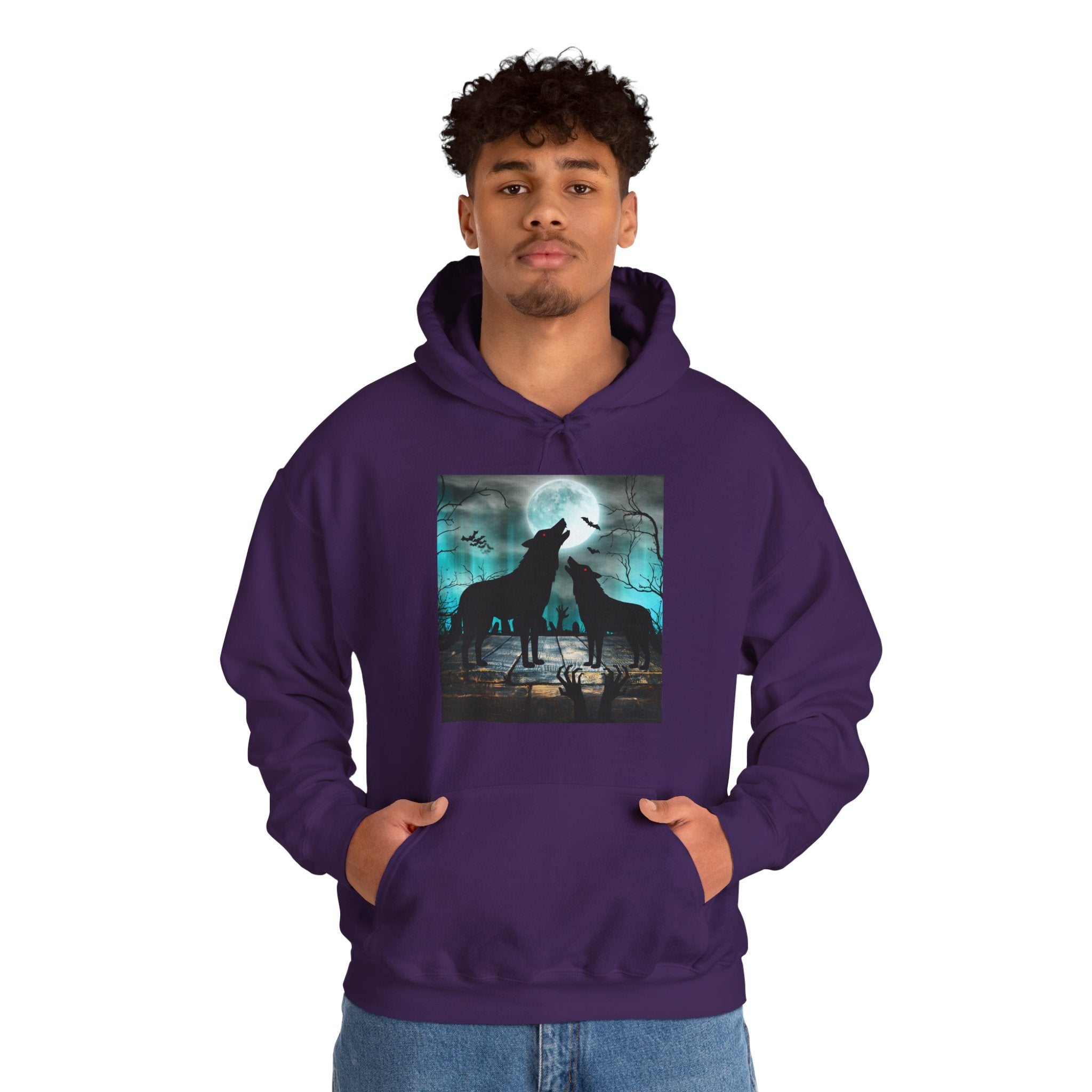 Person wearing a purple hoodie with a graphic of two wolves howling at the moon.