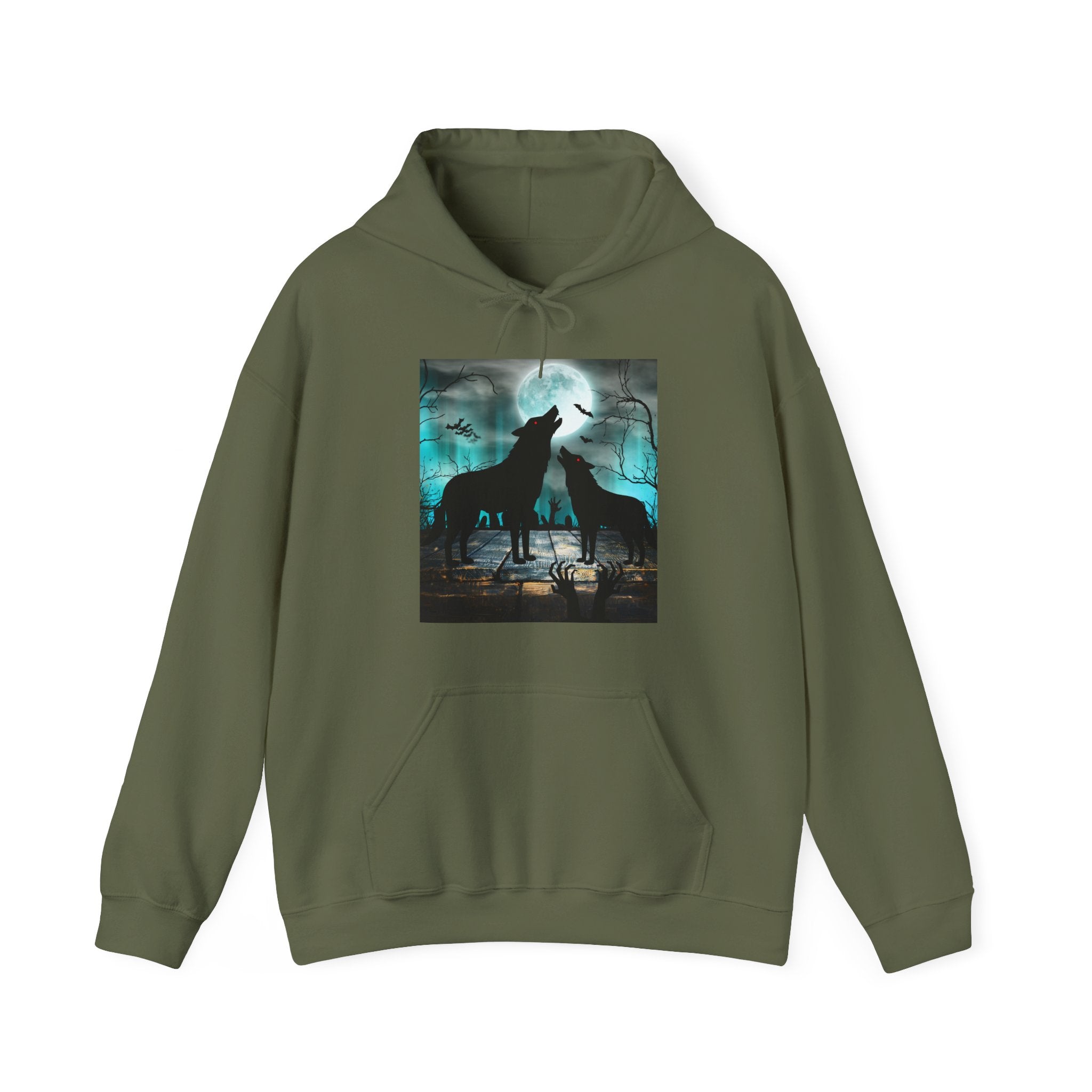 Military green hoodie with wolf design on a white background