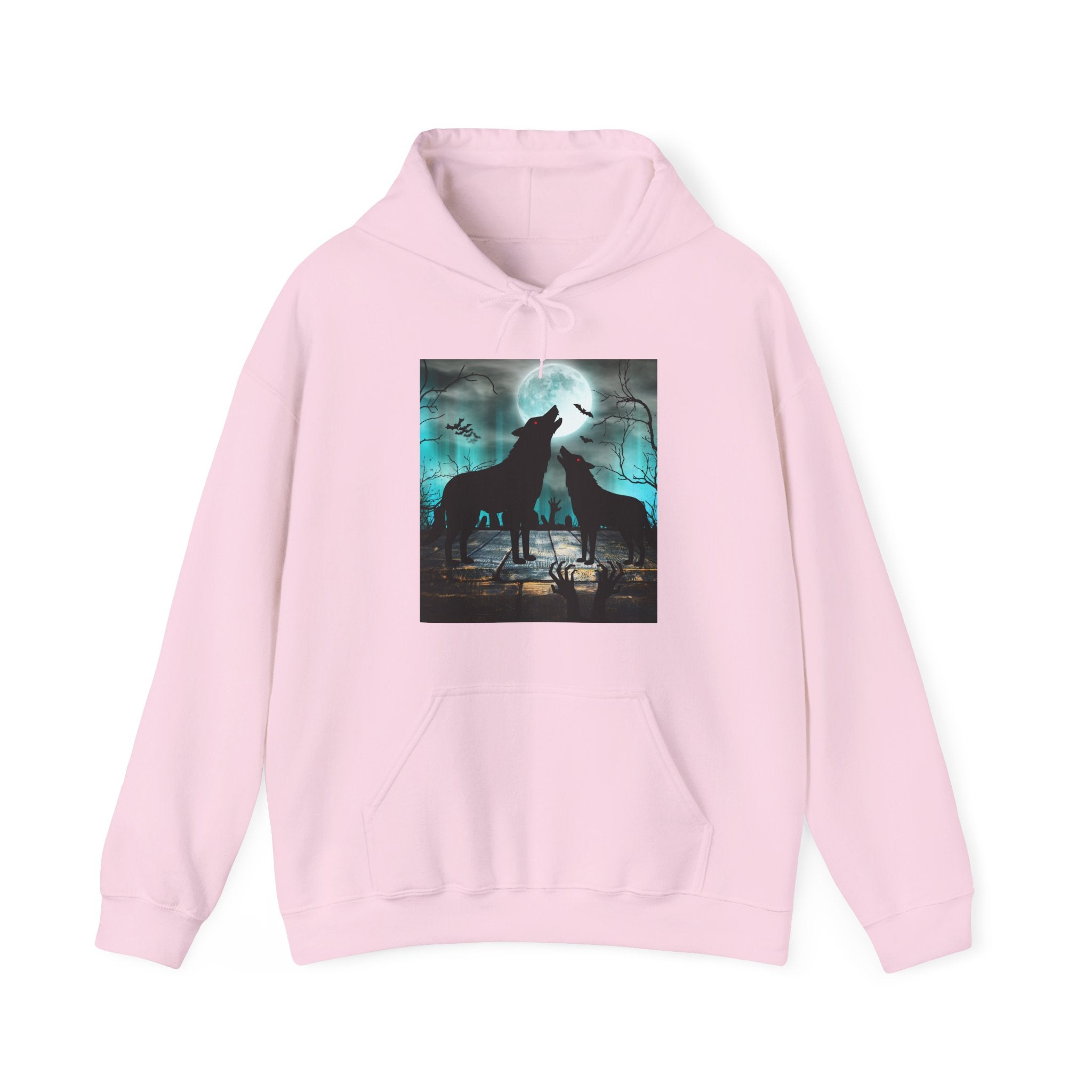 Pink hoodie with a graphic of two wolves howling at the moon on a white background