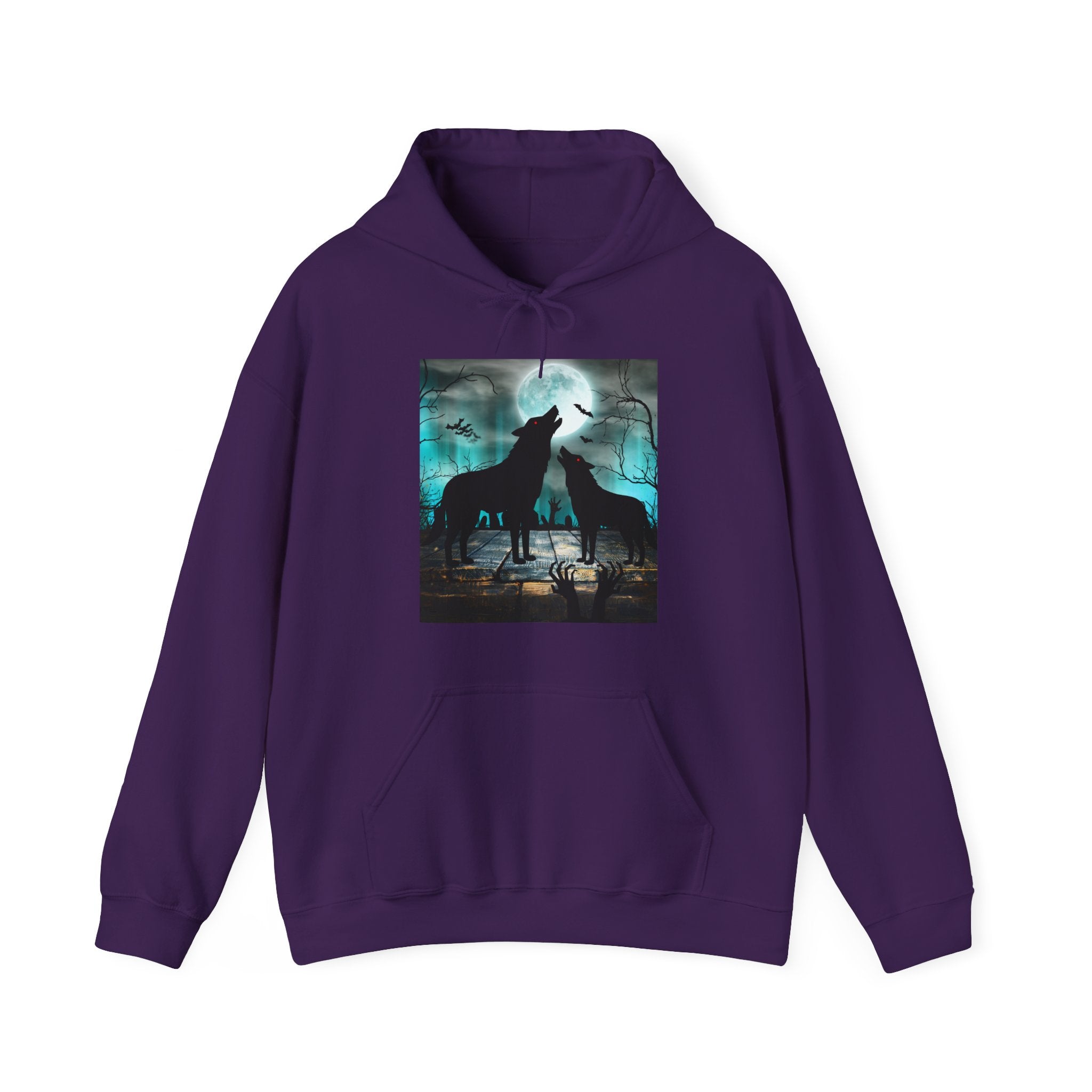 Purple hoodie with a graphic of two wolves howling on a white background