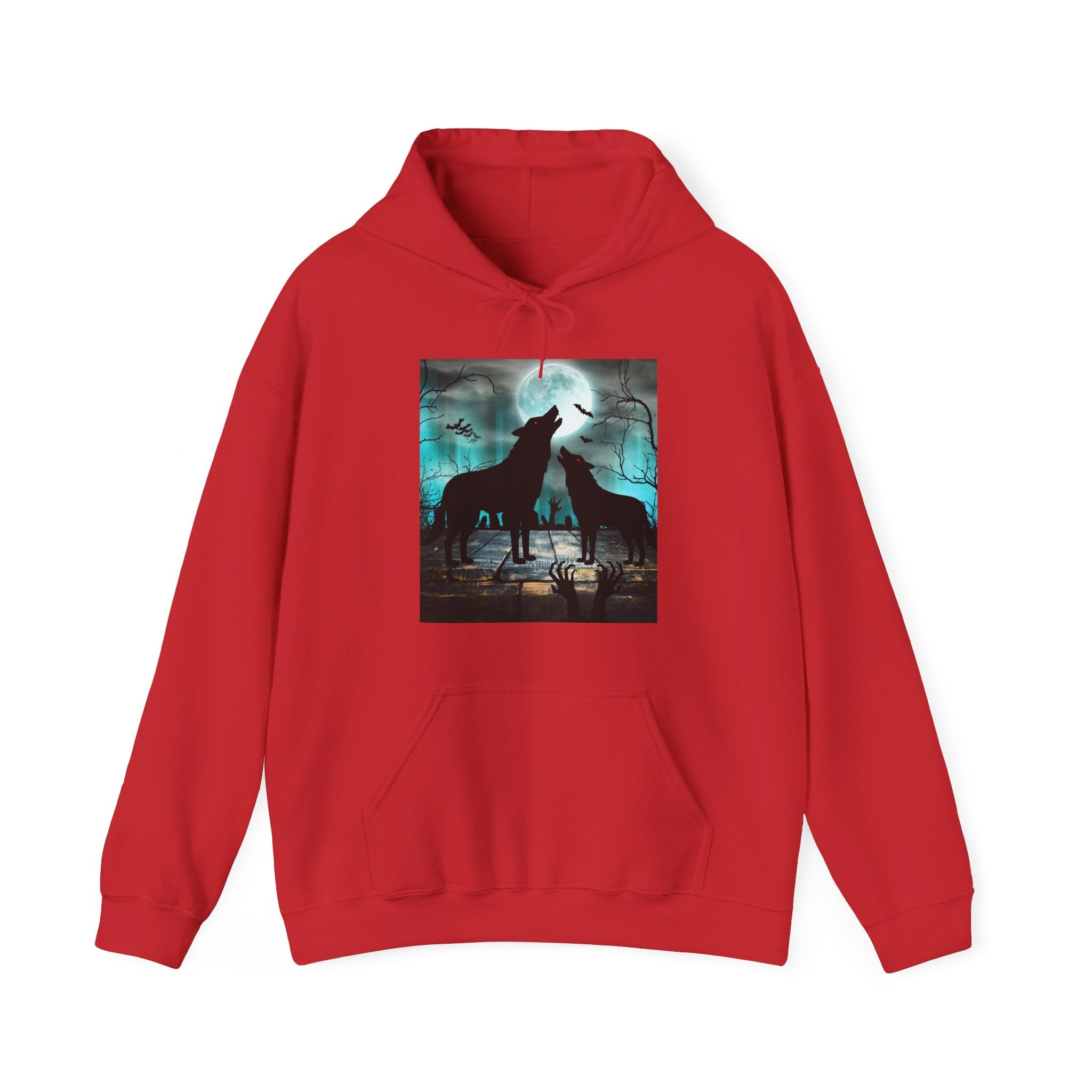 Red hoodie with a graphic of two wolves howling on a white background