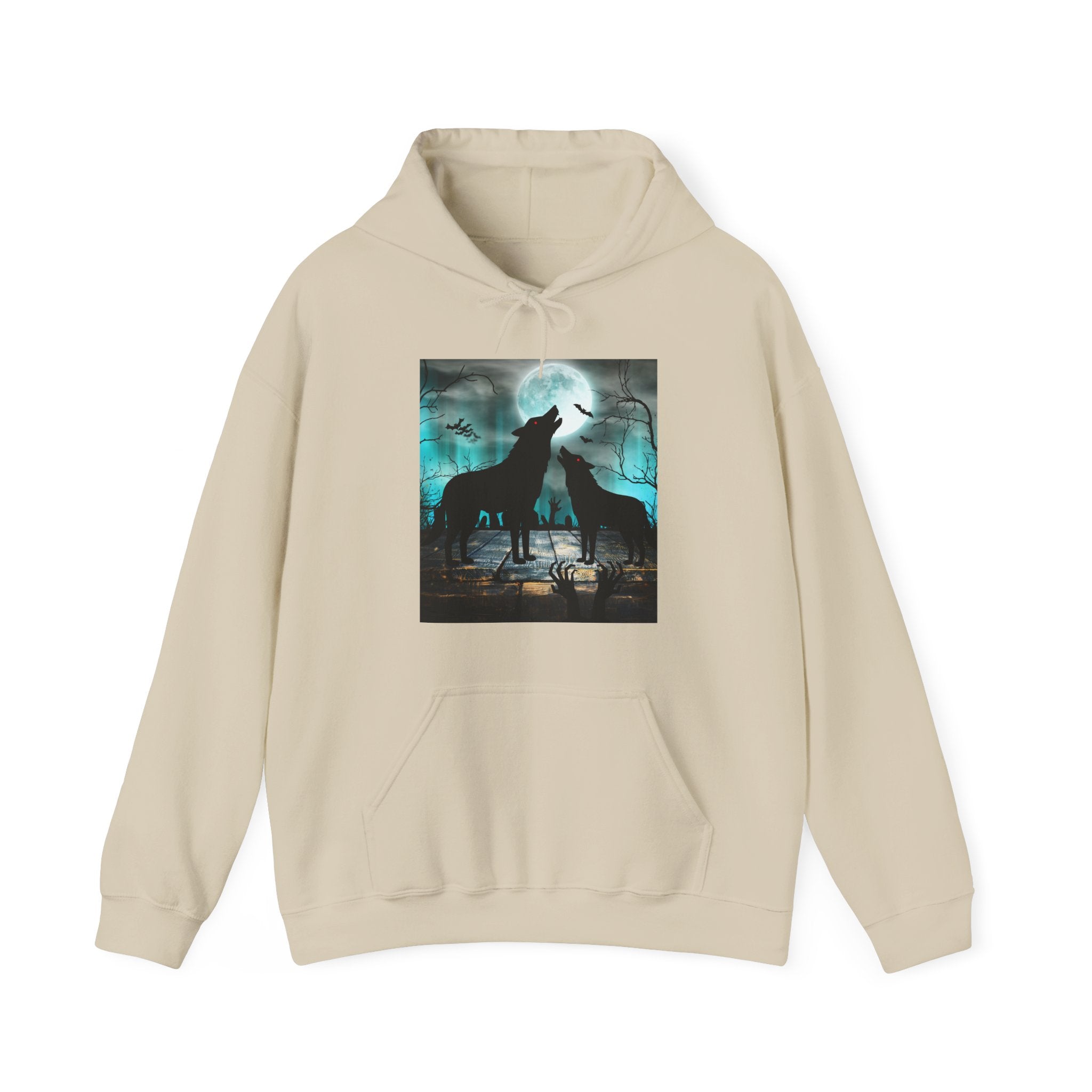 Beige hoodie with a graphic of two wolves howling at the moon on a white background