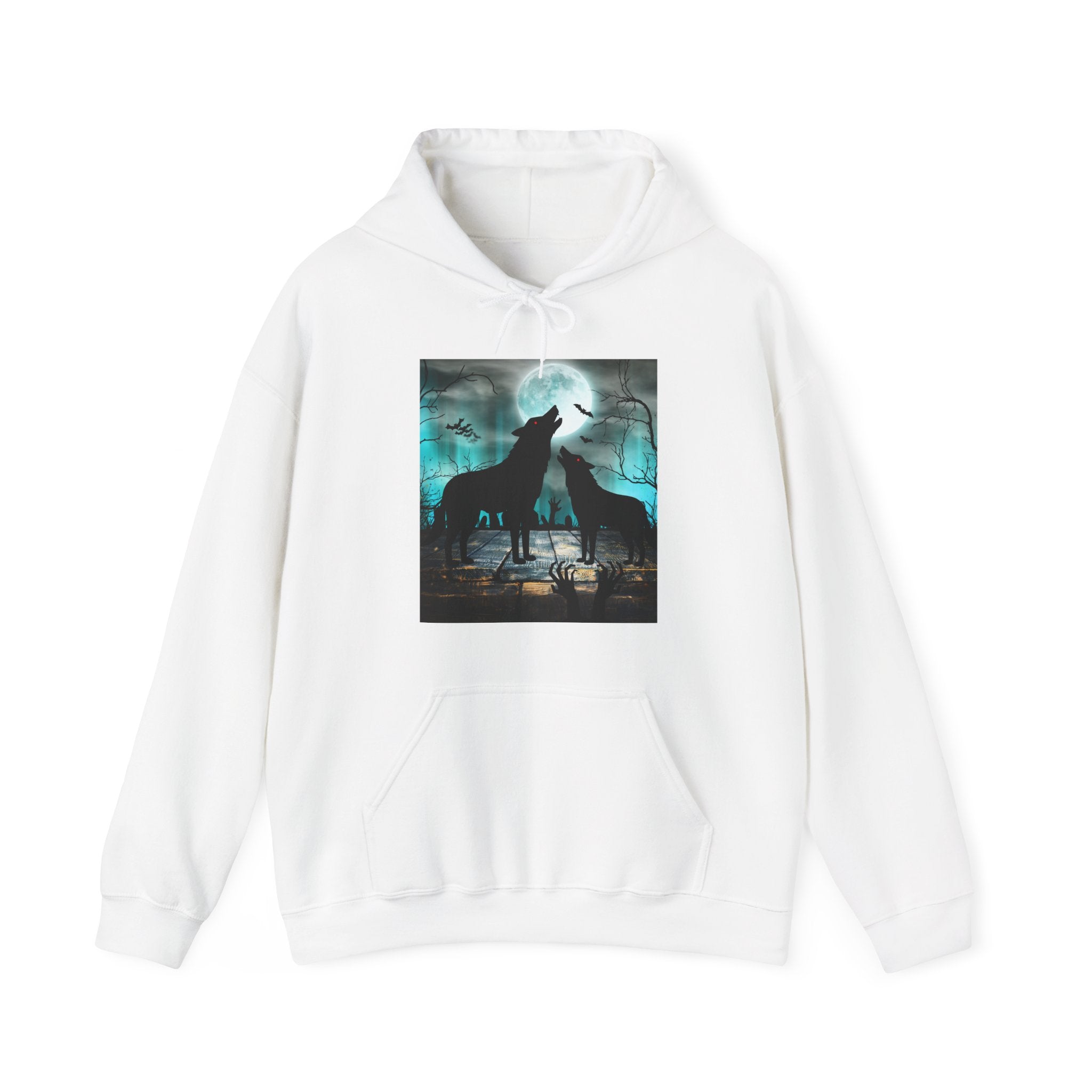 White hoodie with a graphic of two wolves howling at the moon on a white background