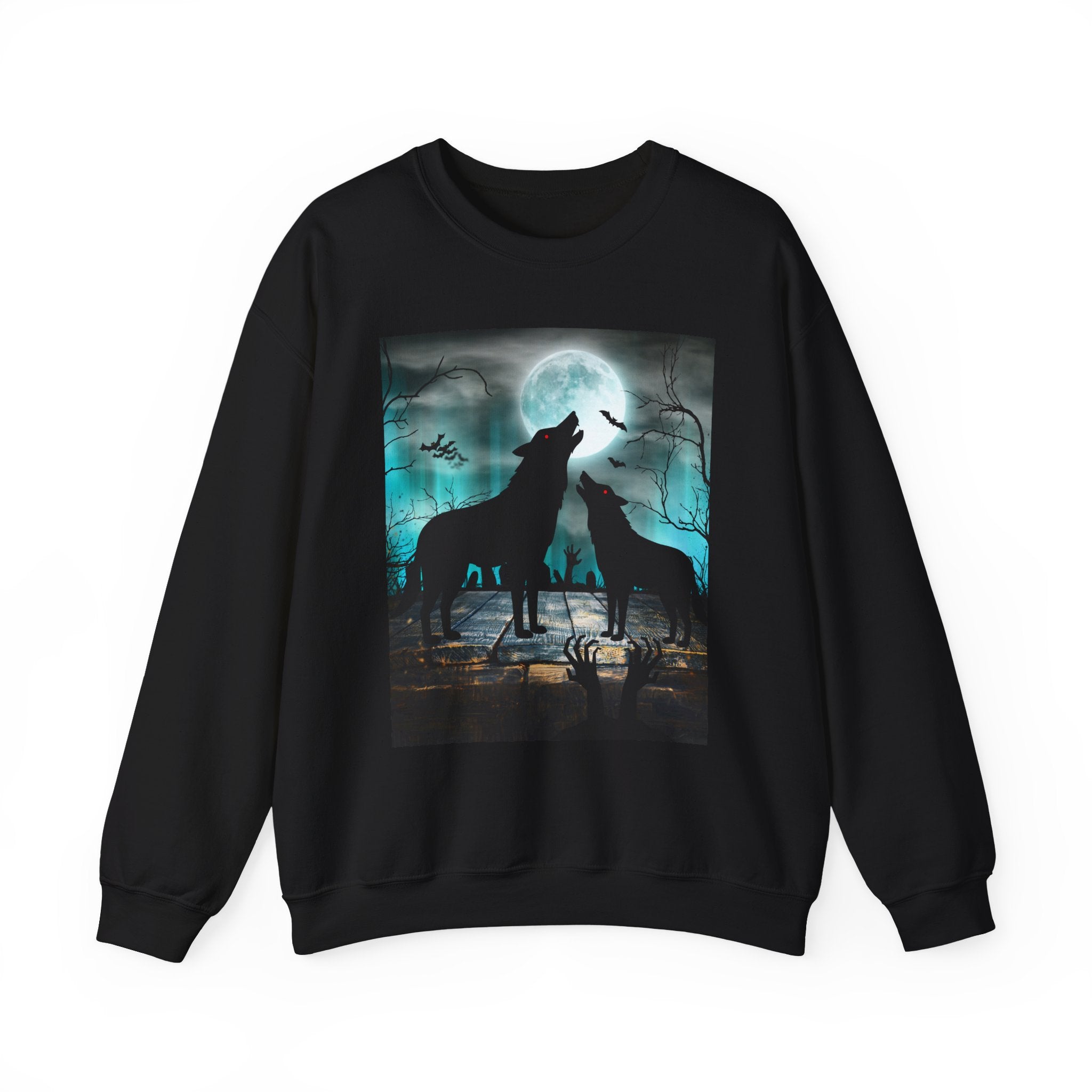 Black sweatshirt with a graphic of two wolves howling at a moonlit sky on a white background