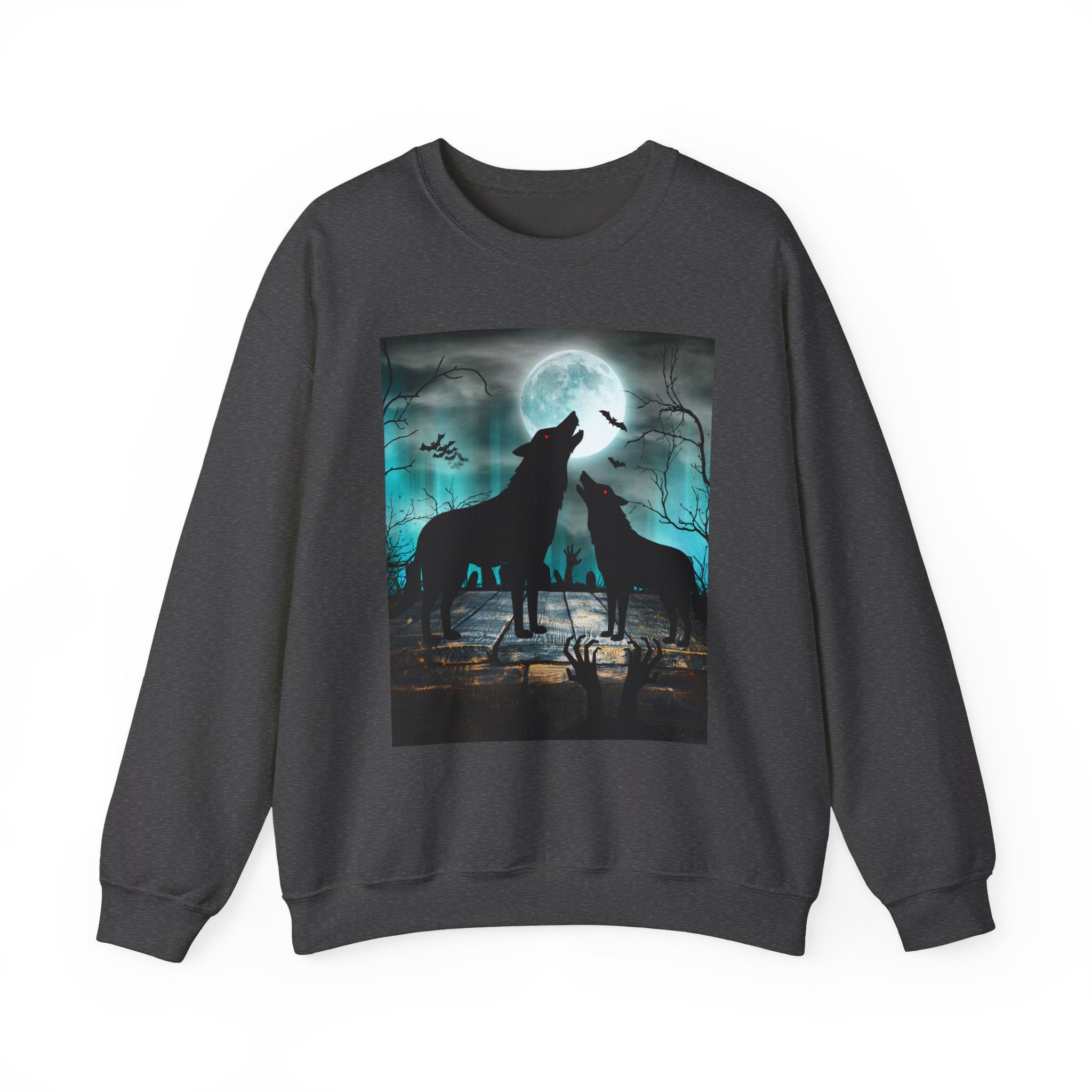 Dark heather gray sweatshirt with a graphic of two wolves howling at a moonlit sky on a white background