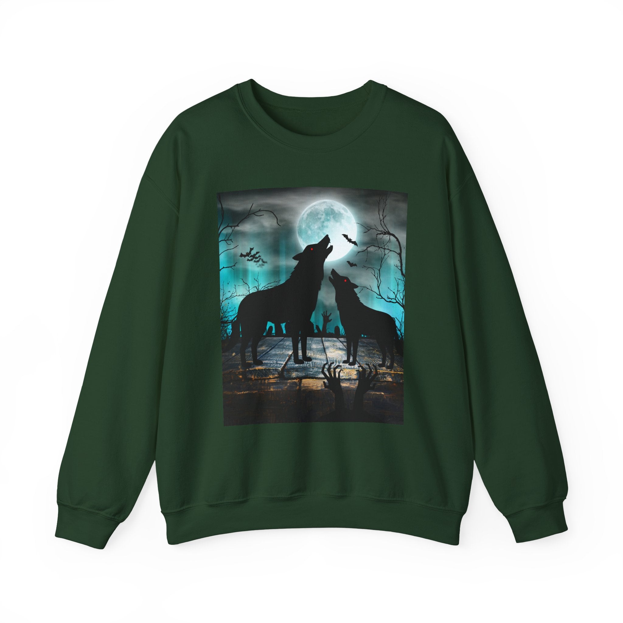Forest green sweatshirt with a graphic of two wolves howling at the moon on a white background