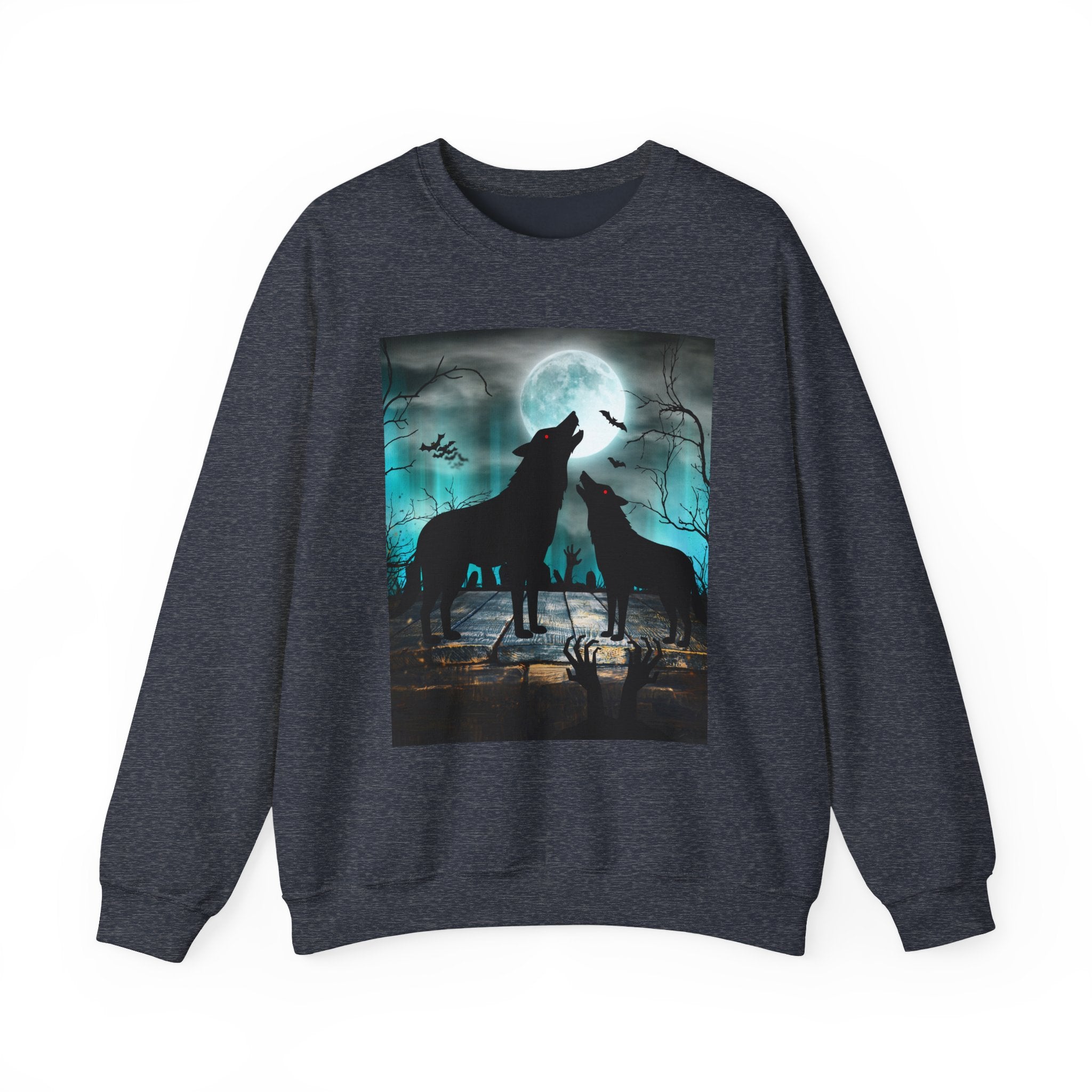 Heather sport dark navy sweatshirt with a graphic of two wolves howling at the moon on a white background