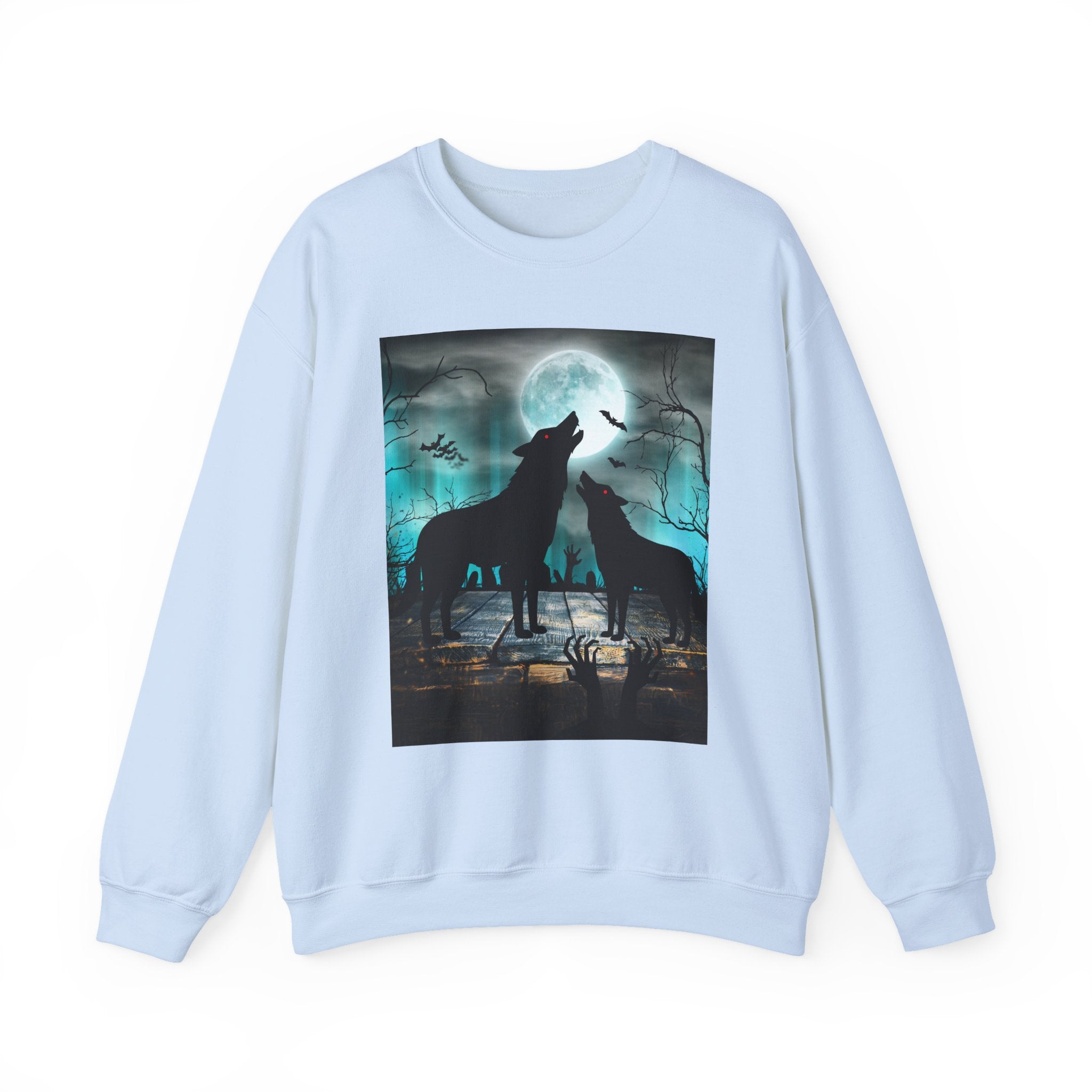 Light blue sweatshirt with a graphic of two wolves howling at the moon on a white background