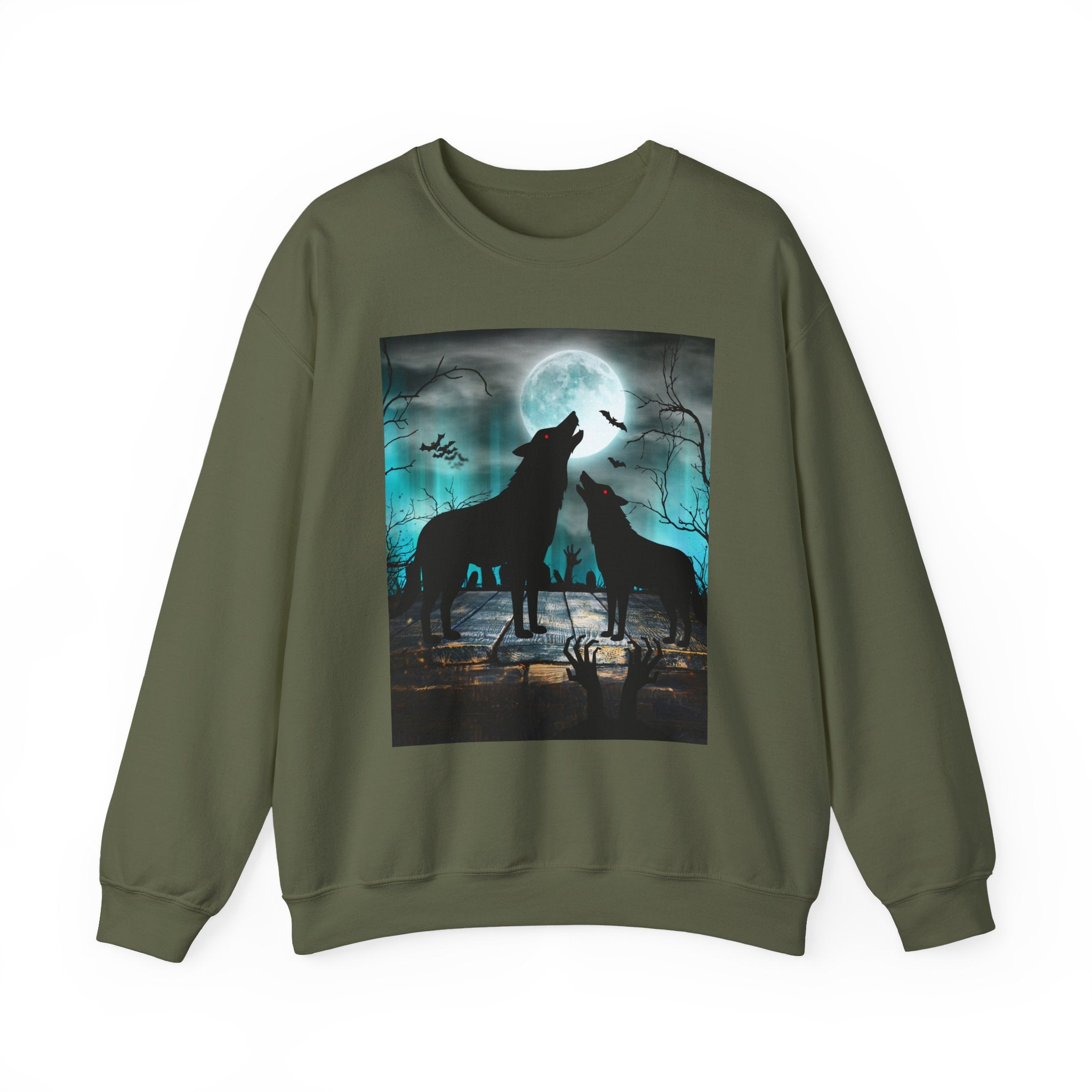 Military green sweatshirt with a graphic of two wolves howling at the moon on a white background