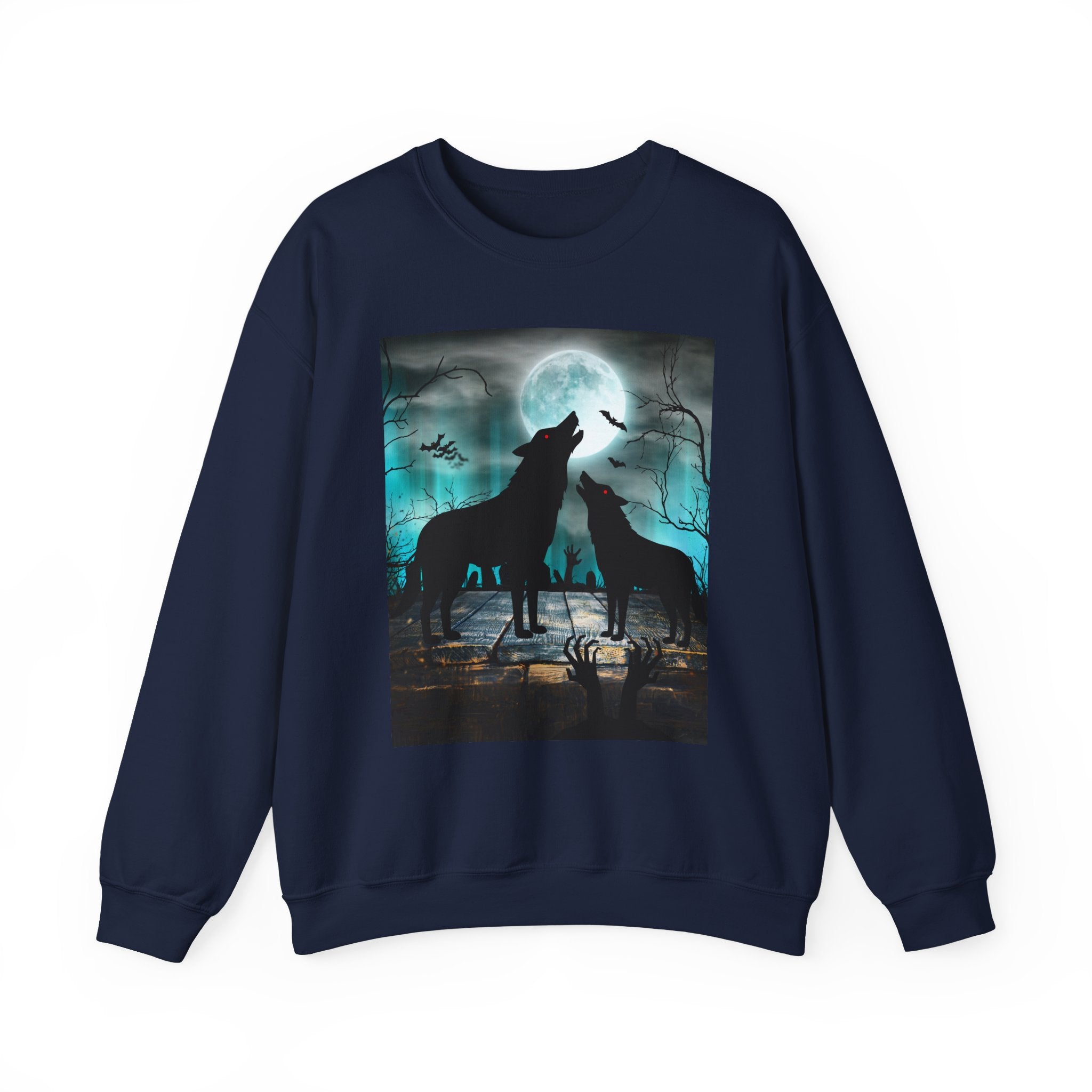 Navy blue sweatshirt with a graphic of two wolves howling at a moonlit sky on a white background.