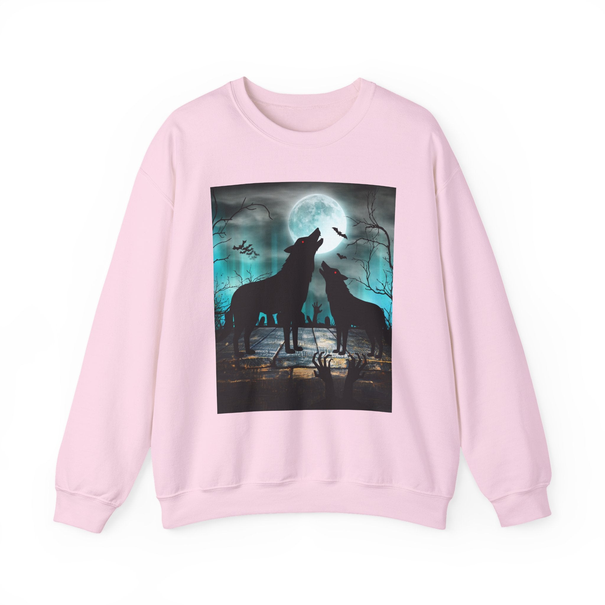 Pink sweatshirt with a graphic of two wolves howling at the moon on a white background
