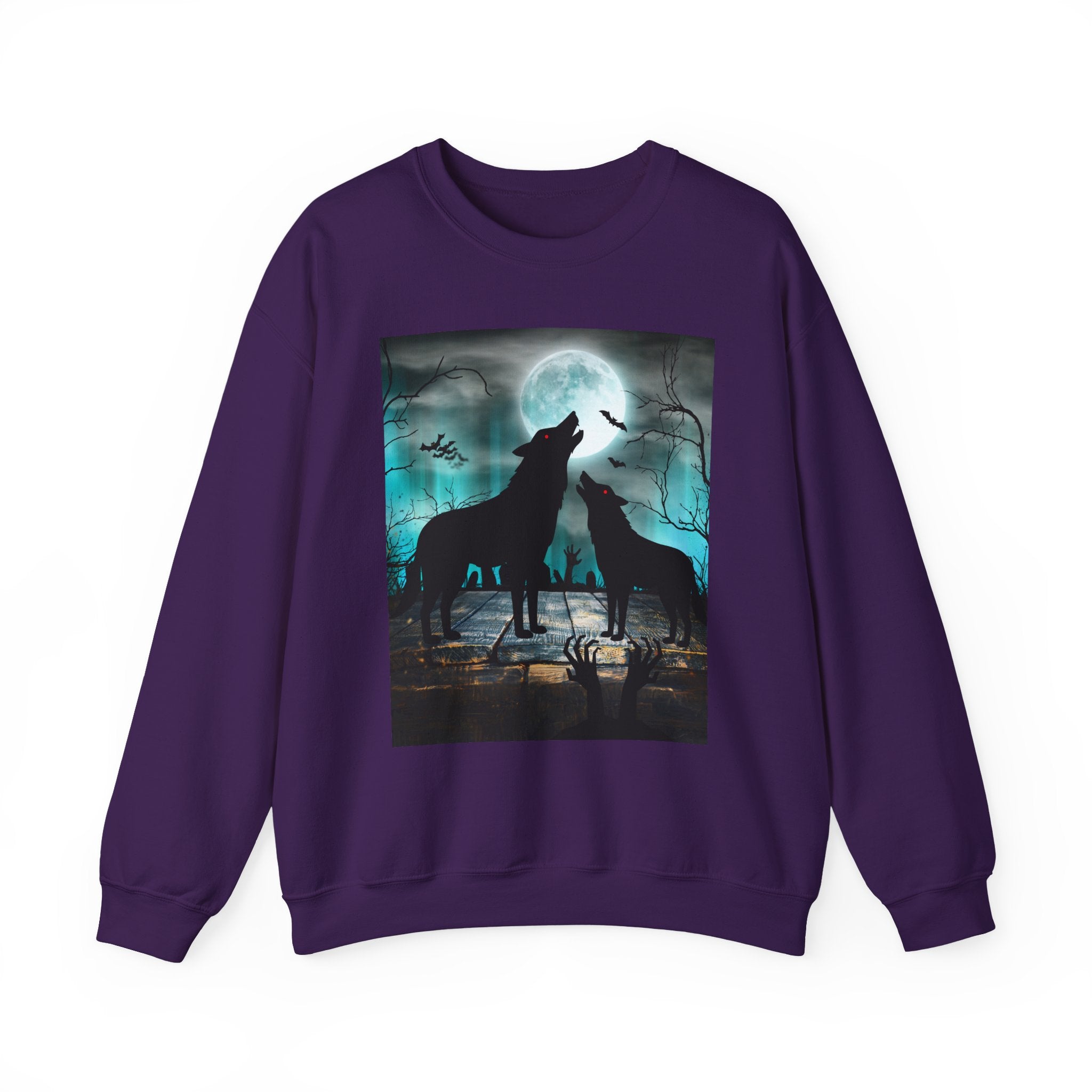 Purple sweatshirt with a graphic of two wolves howling at the moon on a white background