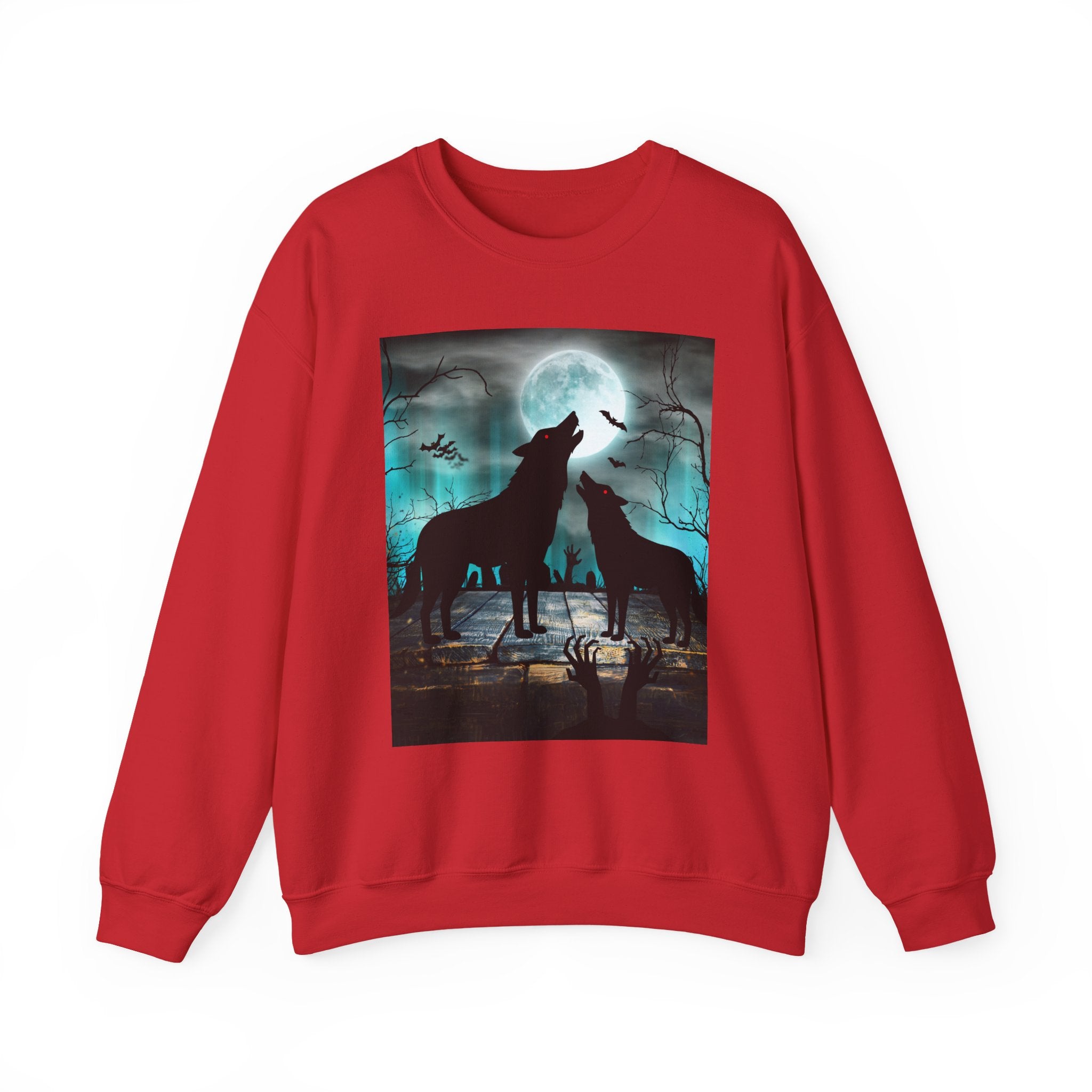 Red sweatshirt with a graphic of two wolves howling at the moon on a white background