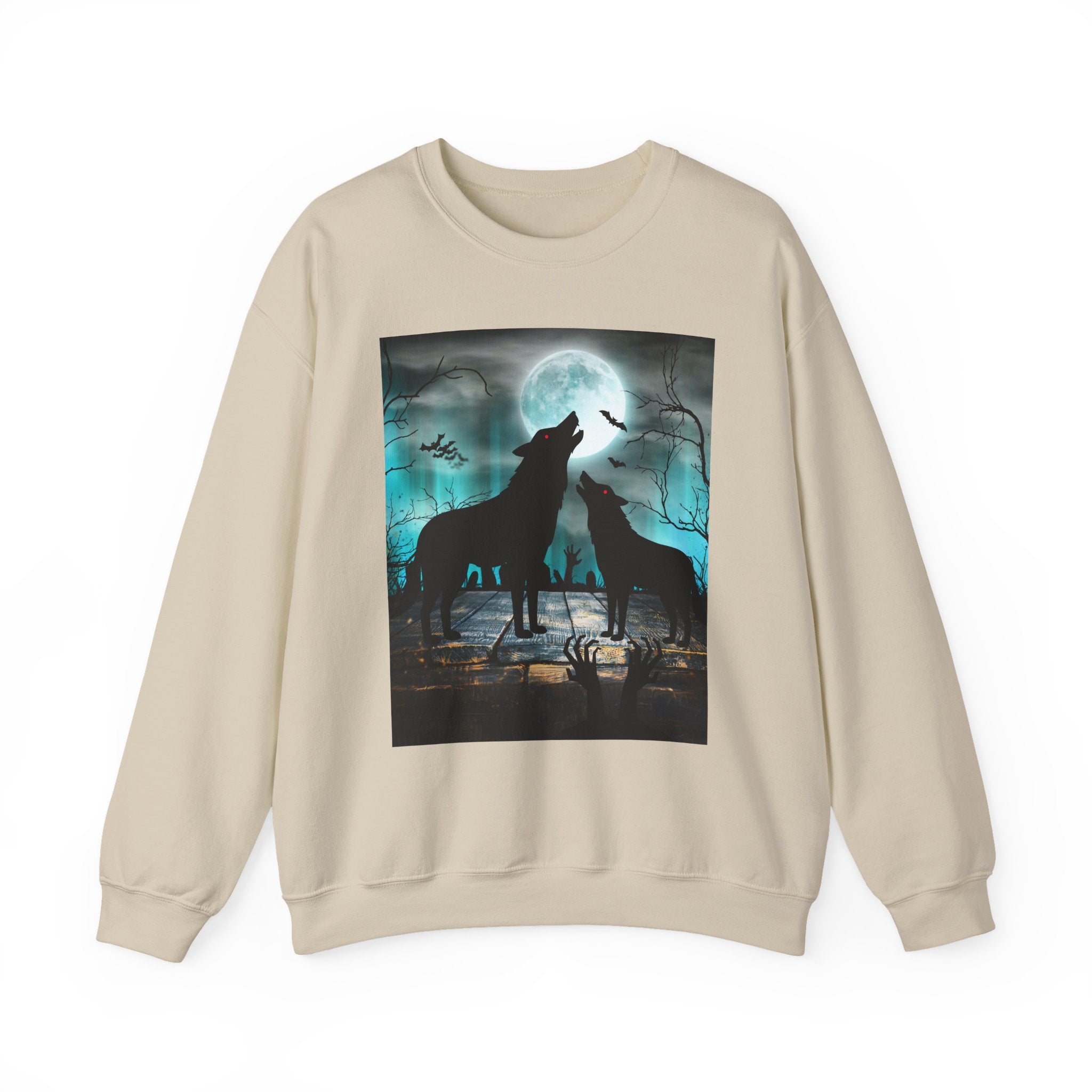 Beige sweatshirt with a graphic of two wolves howling at the moon on a white background