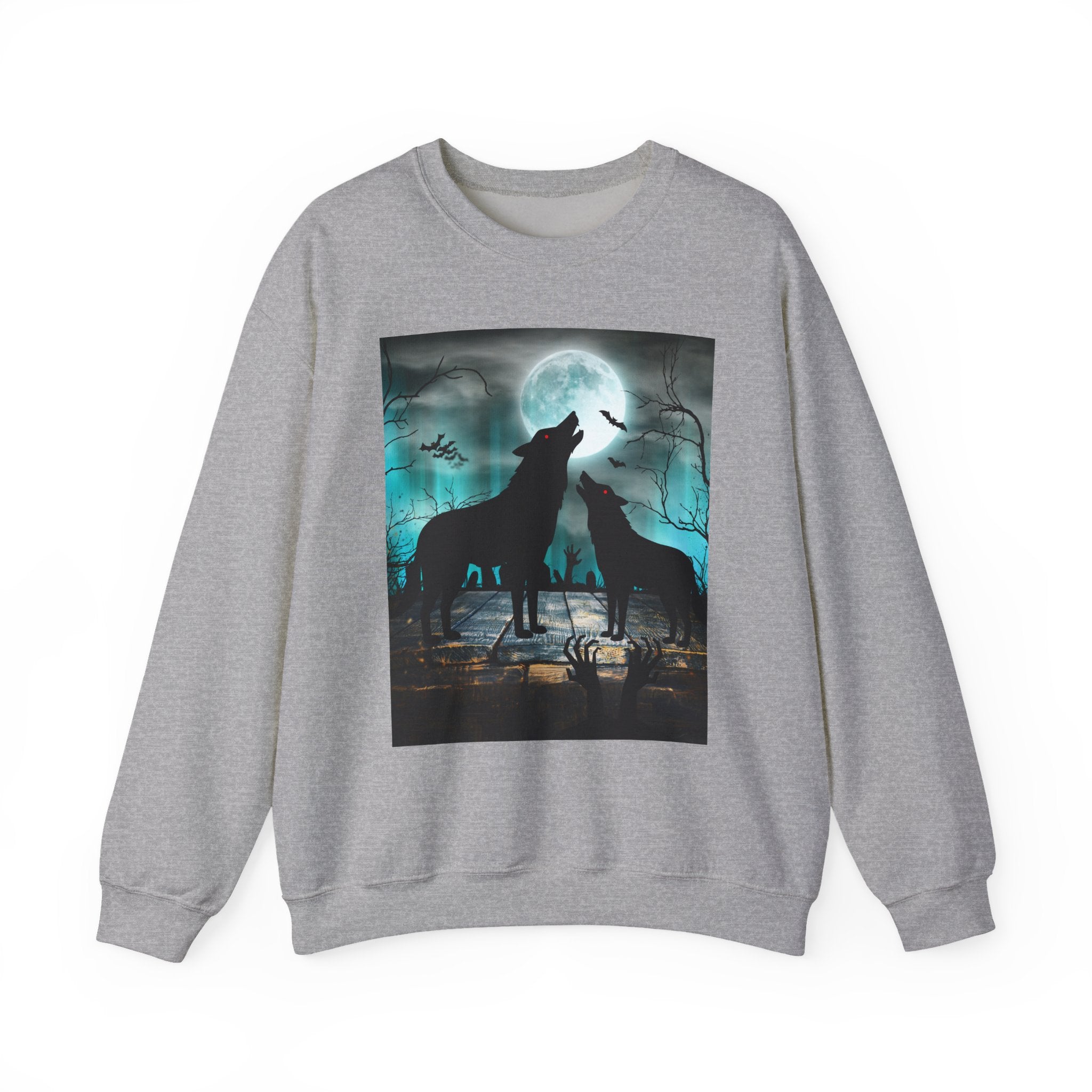 Gray sweatshirt with a graphic of two wolves howling at a moonlit sky on a white background