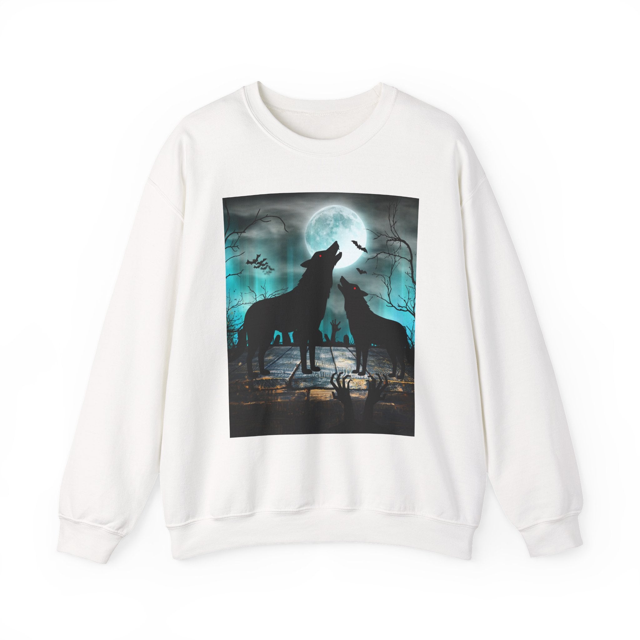White sweatshirt with a graphic of two wolves howling at a moonlit sky on a white background