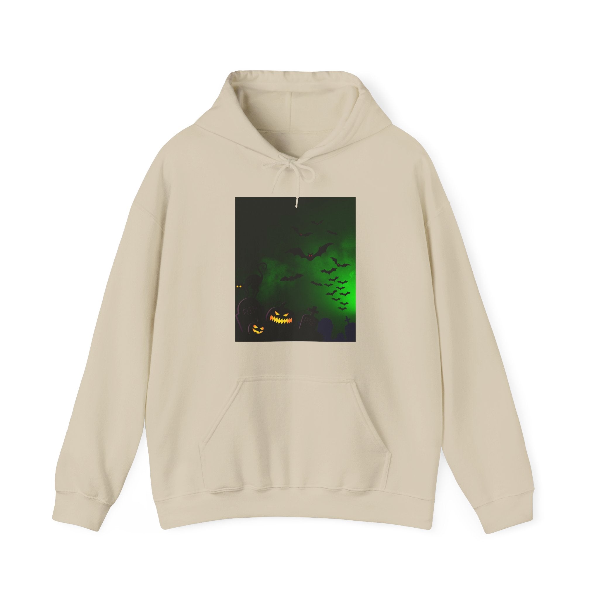 Beige hoodie with a graphic design of a jack-o'-lantern and bats on a white background