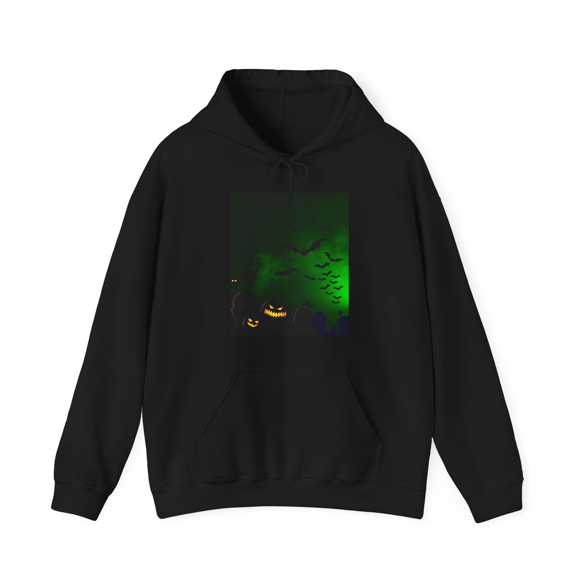 Black hoodie with a Halloween-themed graphic on a white background