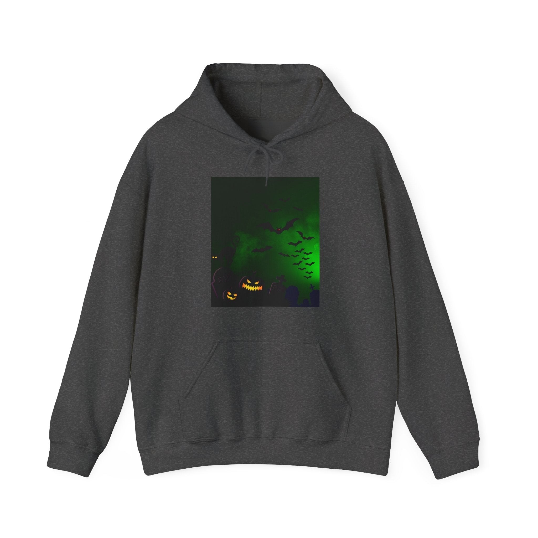 Dark gray hoodie with a Halloween-themed graphic on a white background
