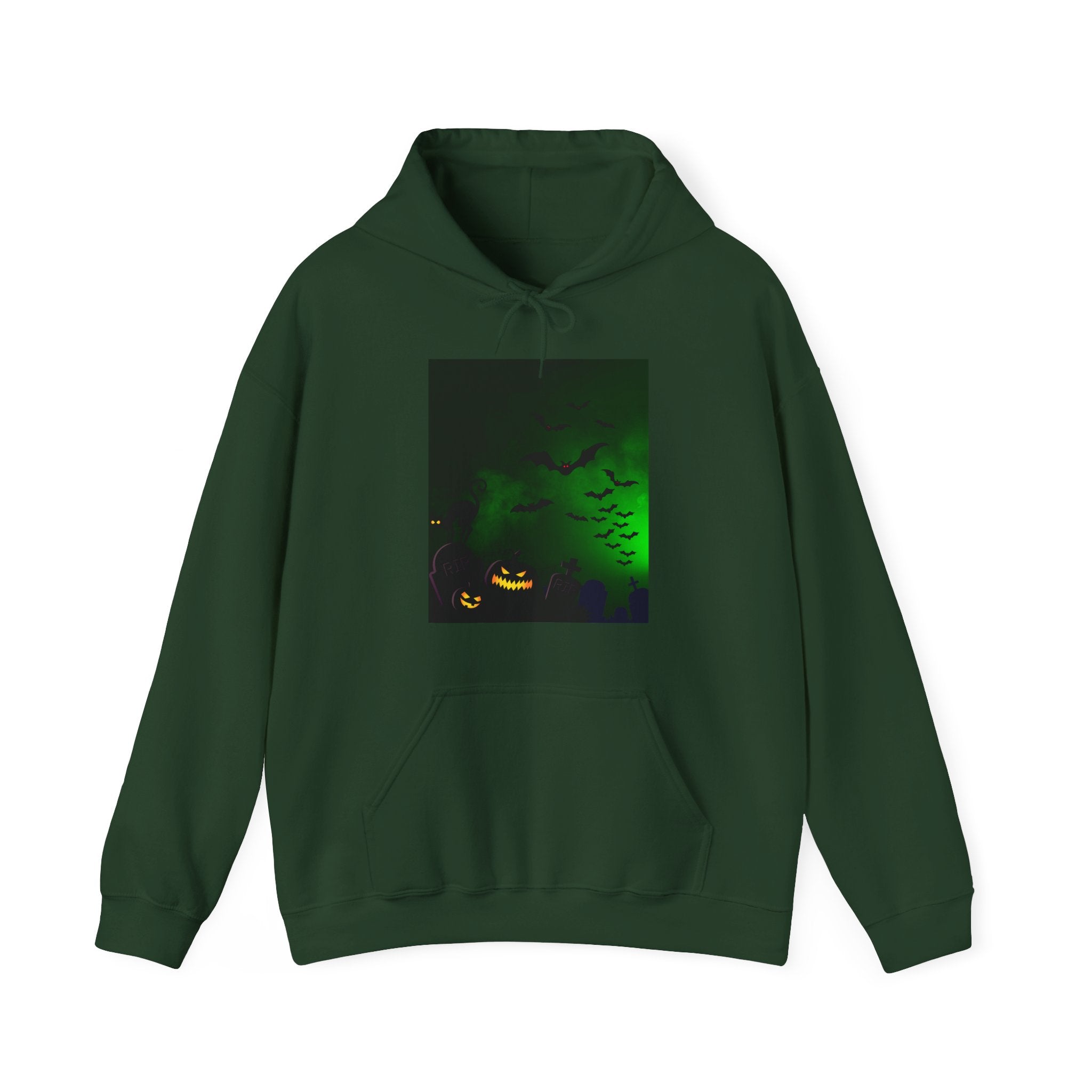 Forest green hoodie with a Halloween-themed graphic on a white background