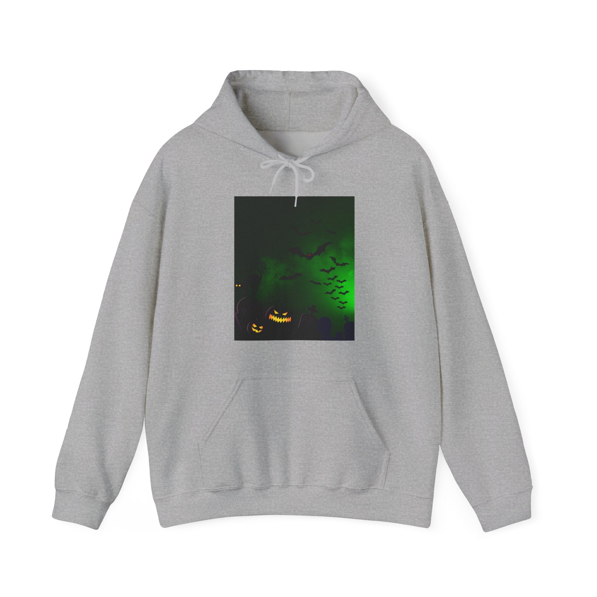 Gray hoodie with a Halloween-themed graphic on a white background