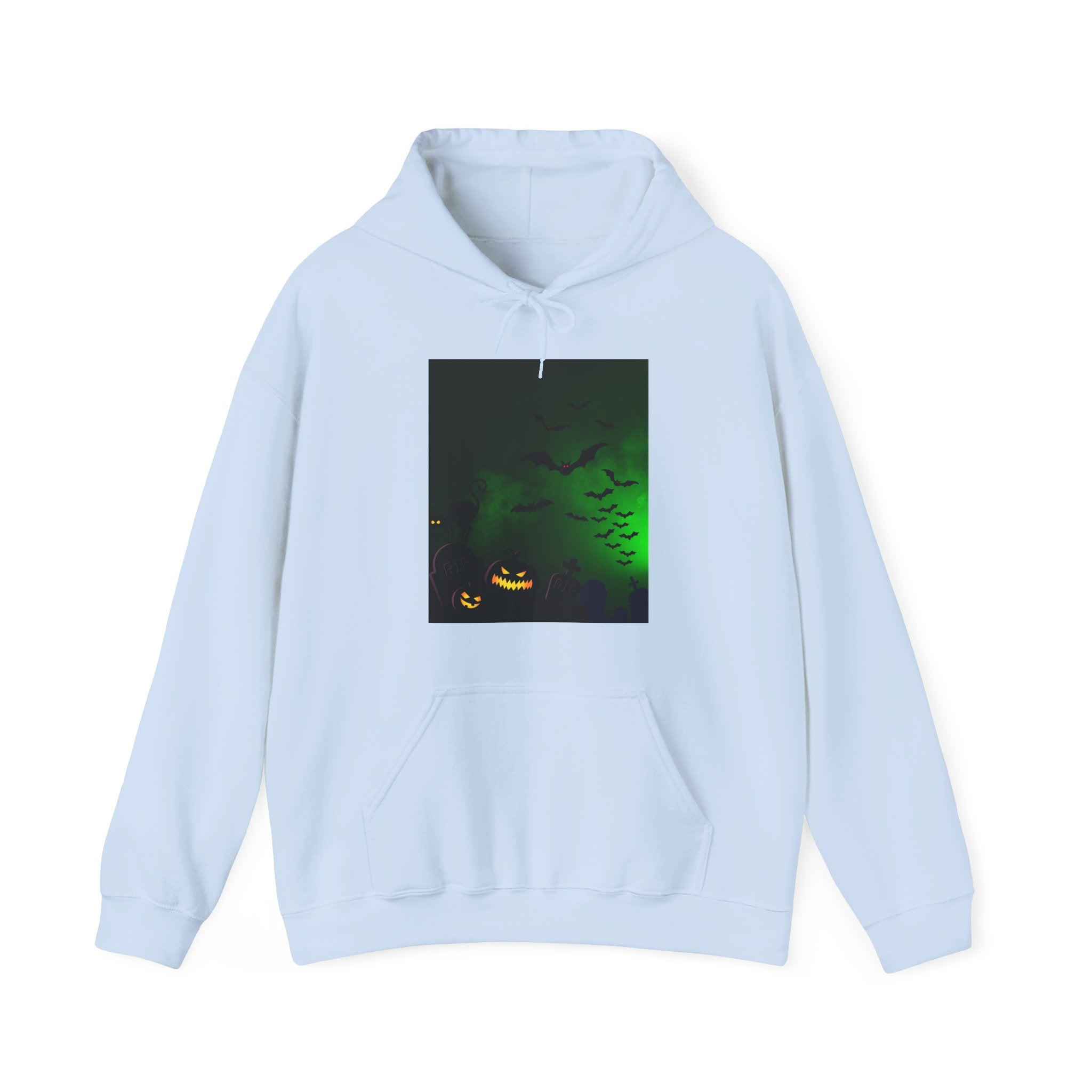 Light blue hoodie with a Halloween-themed graphic on a white background