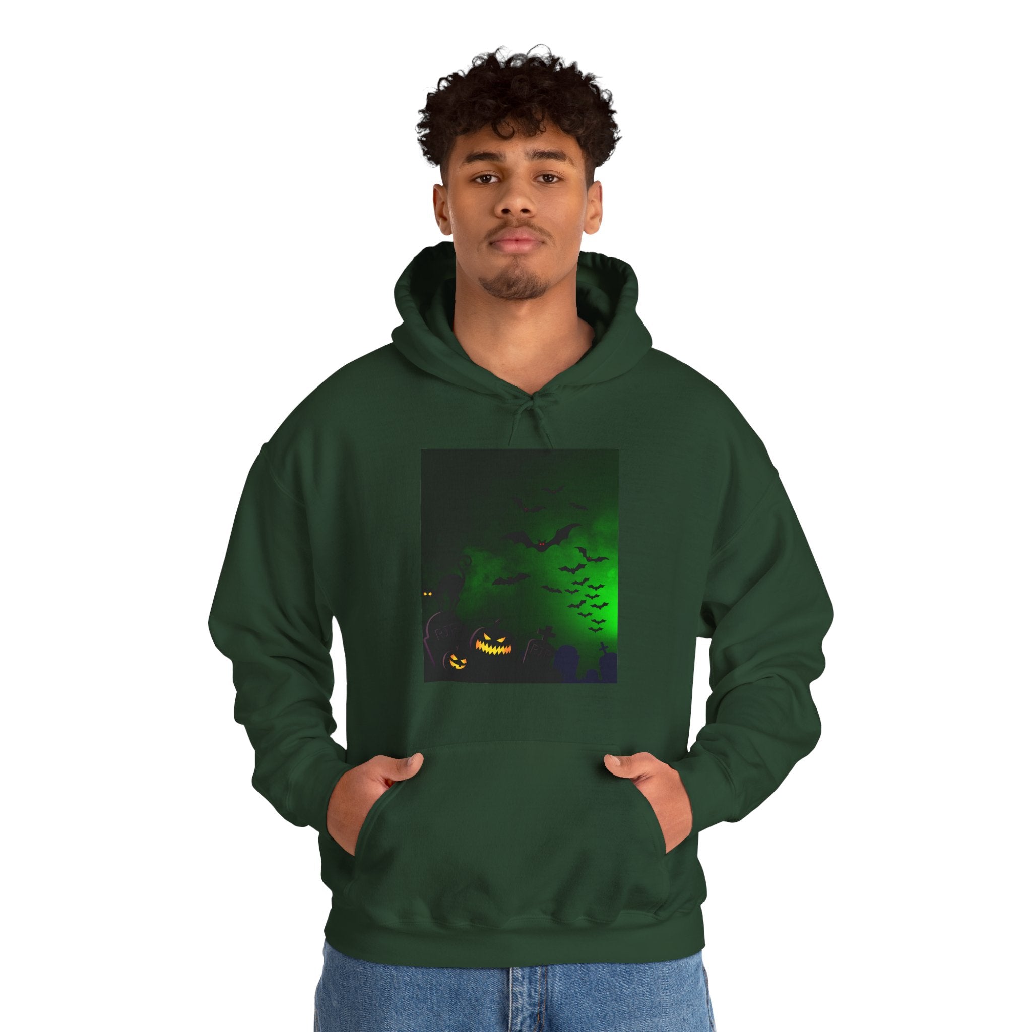 Person wearing a green hoodie with a Halloween design on a white background