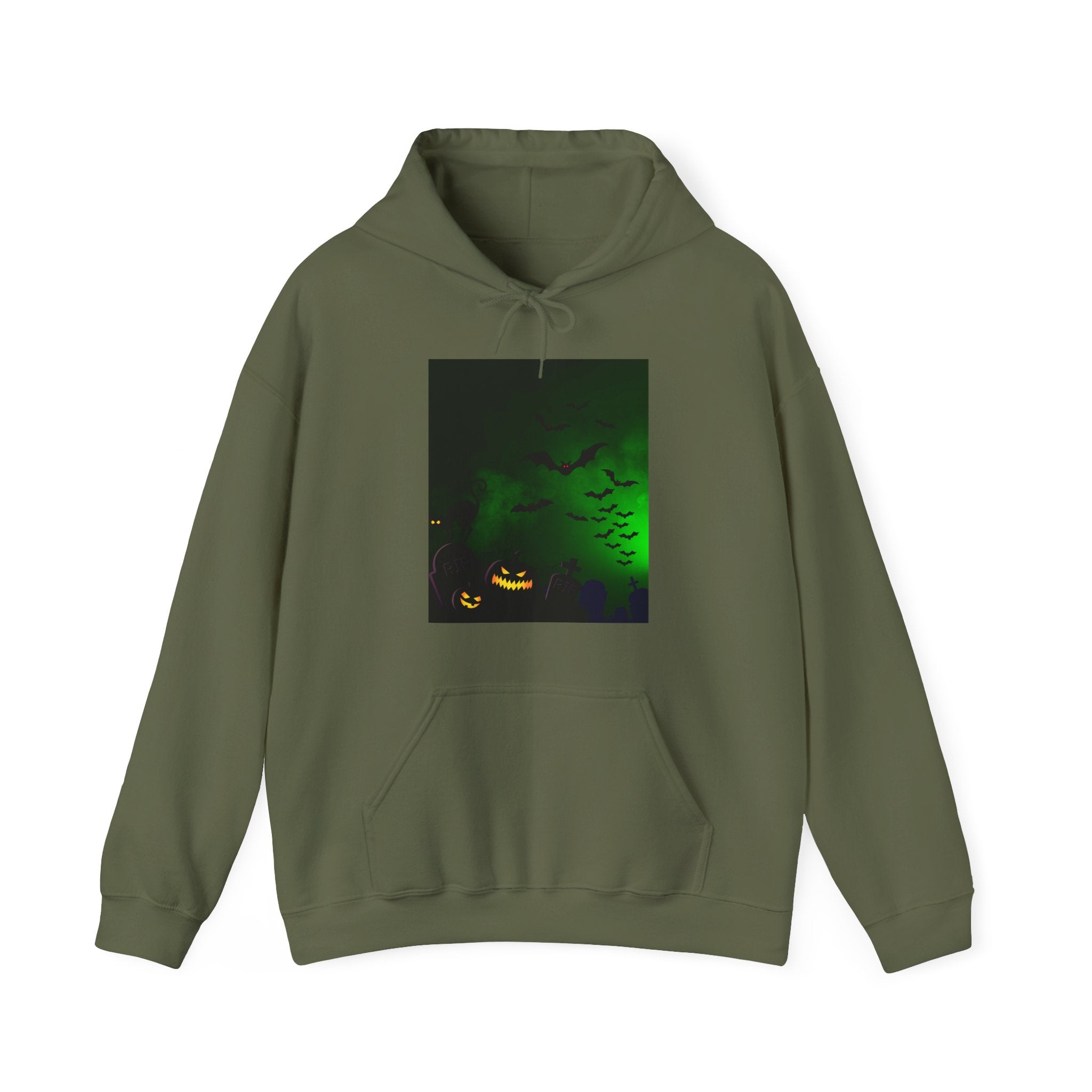 Military green hoodie with a Halloween-themed graphic on a white background