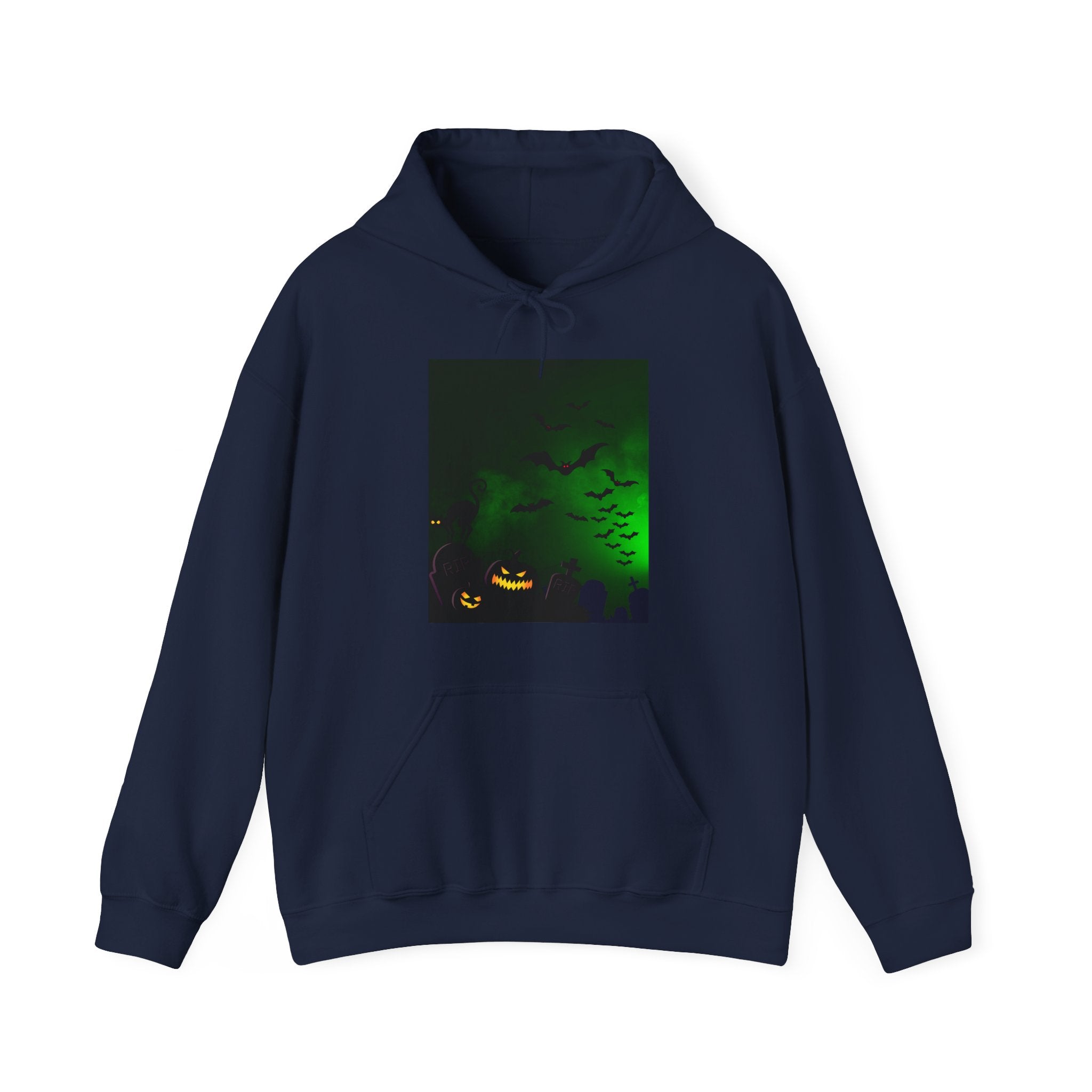 Navy blue hoodie with a Halloween-themed graphic on a white background